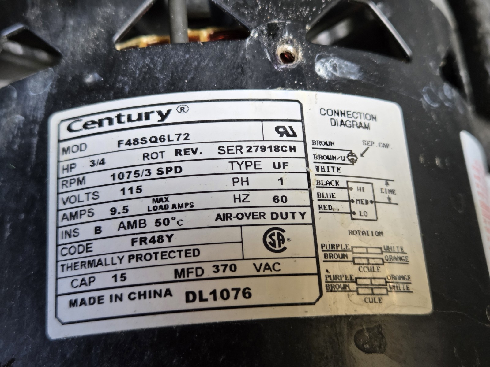 F48SQ6L72 CENTURY Furnace Blower Motor 3/4HP 115V 1075RPM 3SPD 1PH DL1076
