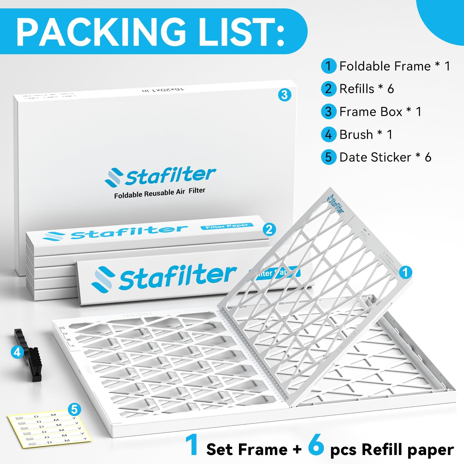 Stafilter 16x25x1 Air Filter MERV 8, 1 Foldable Frame + 6 16x25x1, White