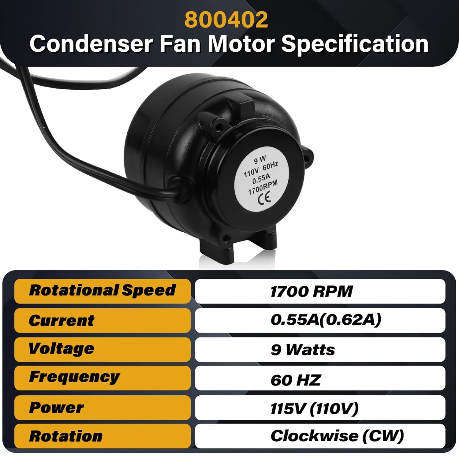 SP-B9HS16 Condenser Fan Motor 9W 115V 1700RPM CW 60Hz Replacement