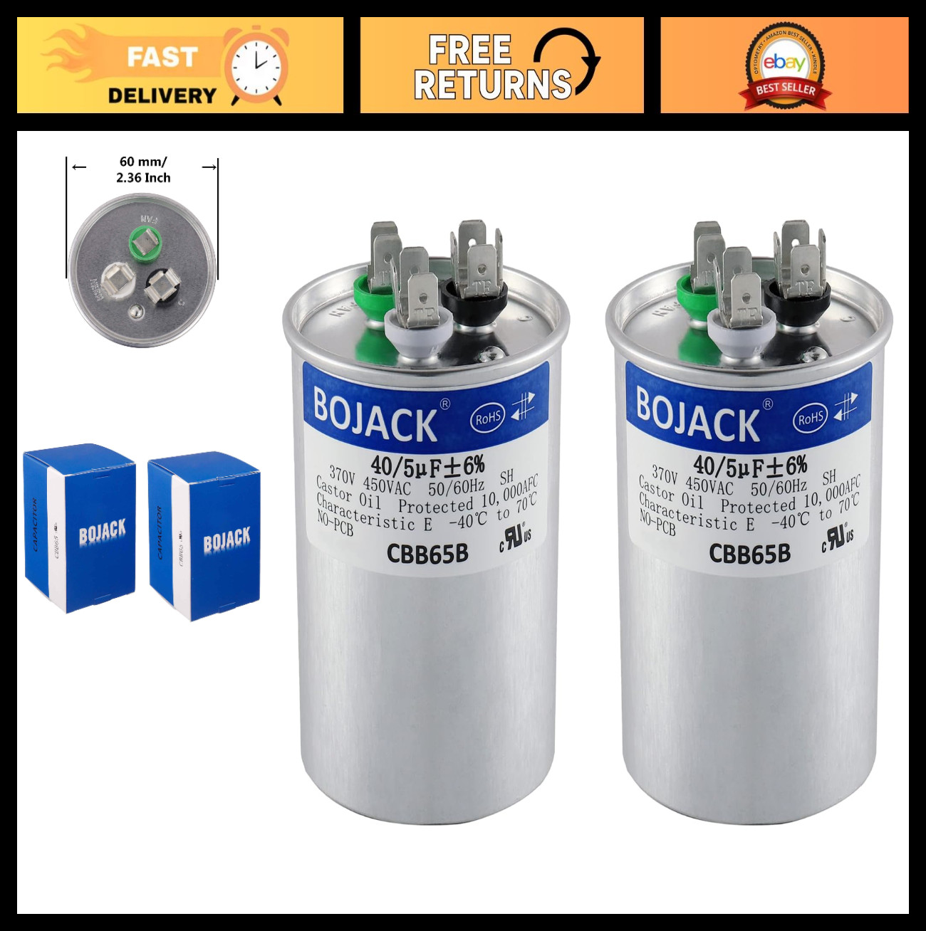 2 Pcs 40+5uF Dual Run Capacitor 370V/440V for AC Motor, Fan, Condenser Start