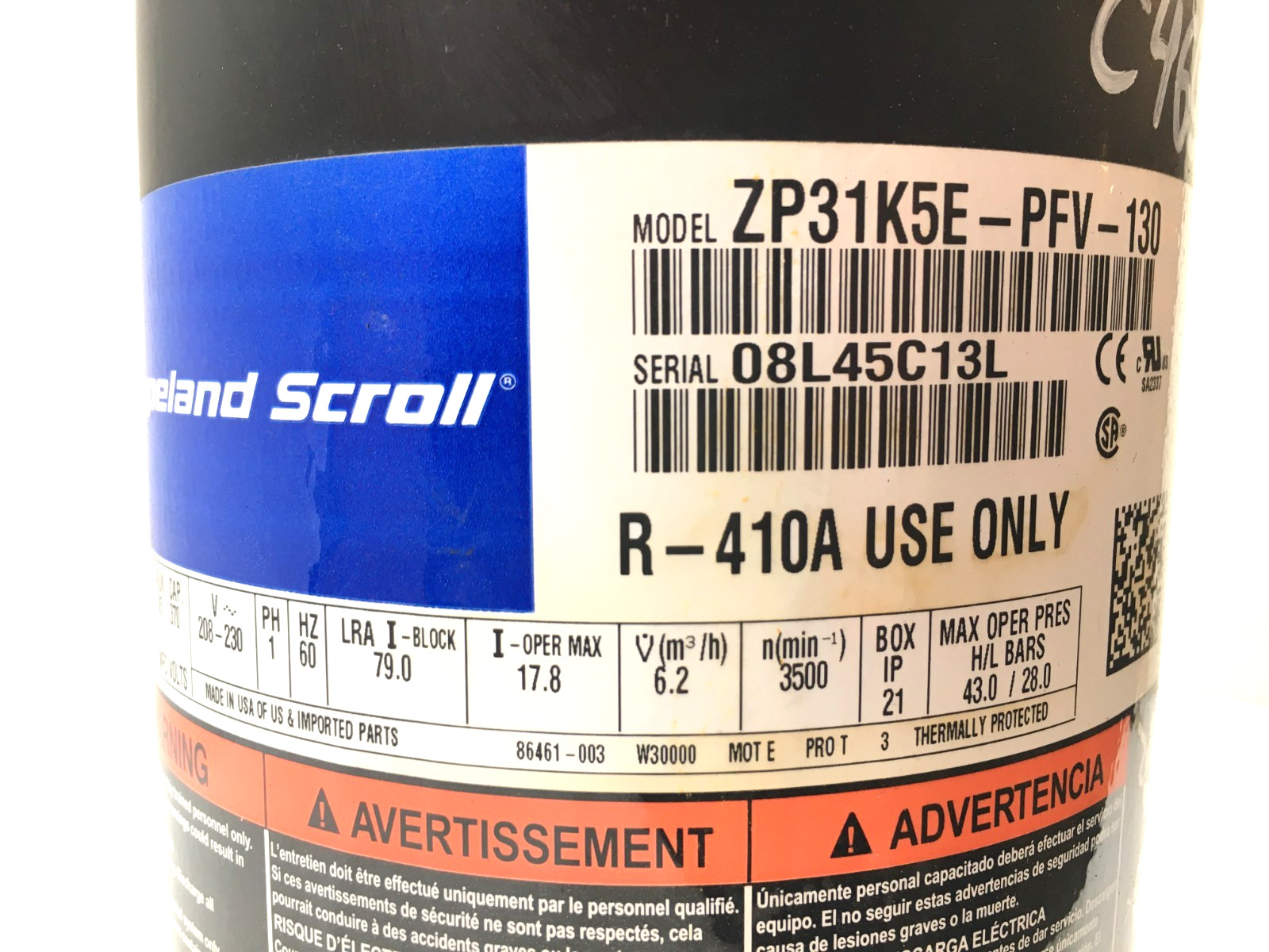 Copeland 2.5 Ton Scroll Compressor ZP31K5E-PFV-130 R410A 208/230V 1 PH used C469