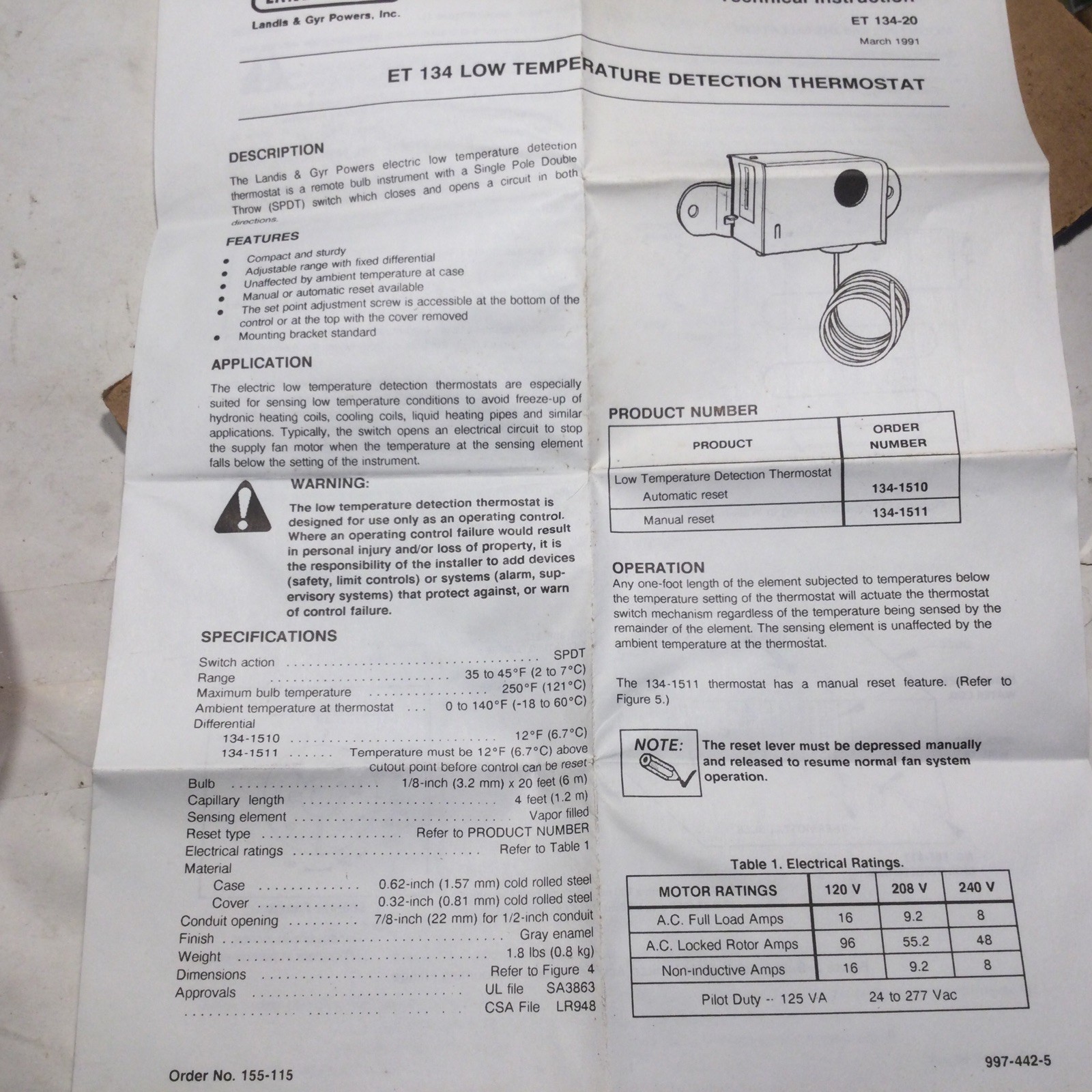 NEW NOS Powers 134-1511 Low Temperature Cutout Control Range 34/45 Degrees F