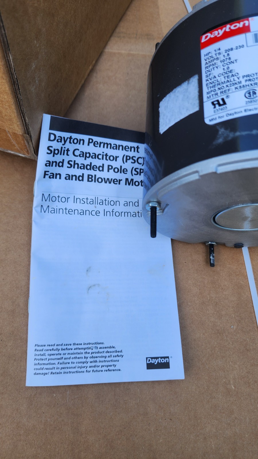 Dayton Electric 4M205BJ Condenser Fan Motor New 240vac & 208 1075rpm 1/4 Hp