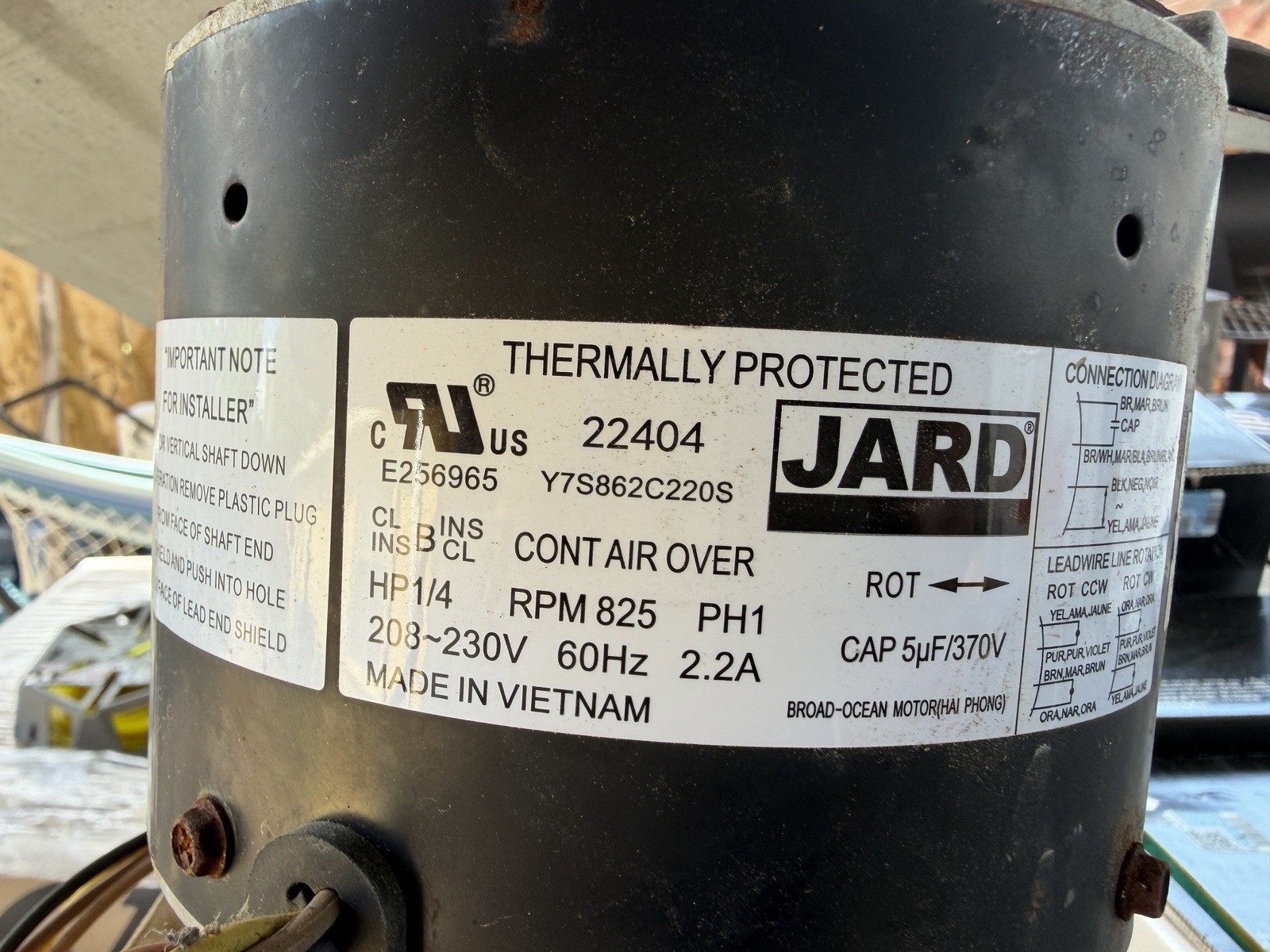 JARD 22404 Condenser Fan Motor 1/4 HP 825 RPM 208-230V 2.2A 1PH TP