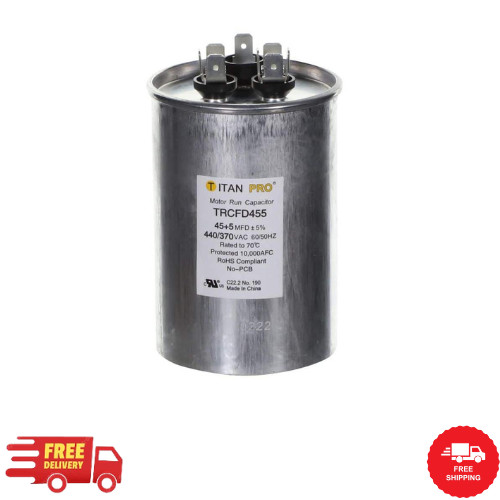 TitanPro TRCFD455 HVAC Round Dual Motor Run Capacitor. 45/5 MFD/UF440/370 Volts