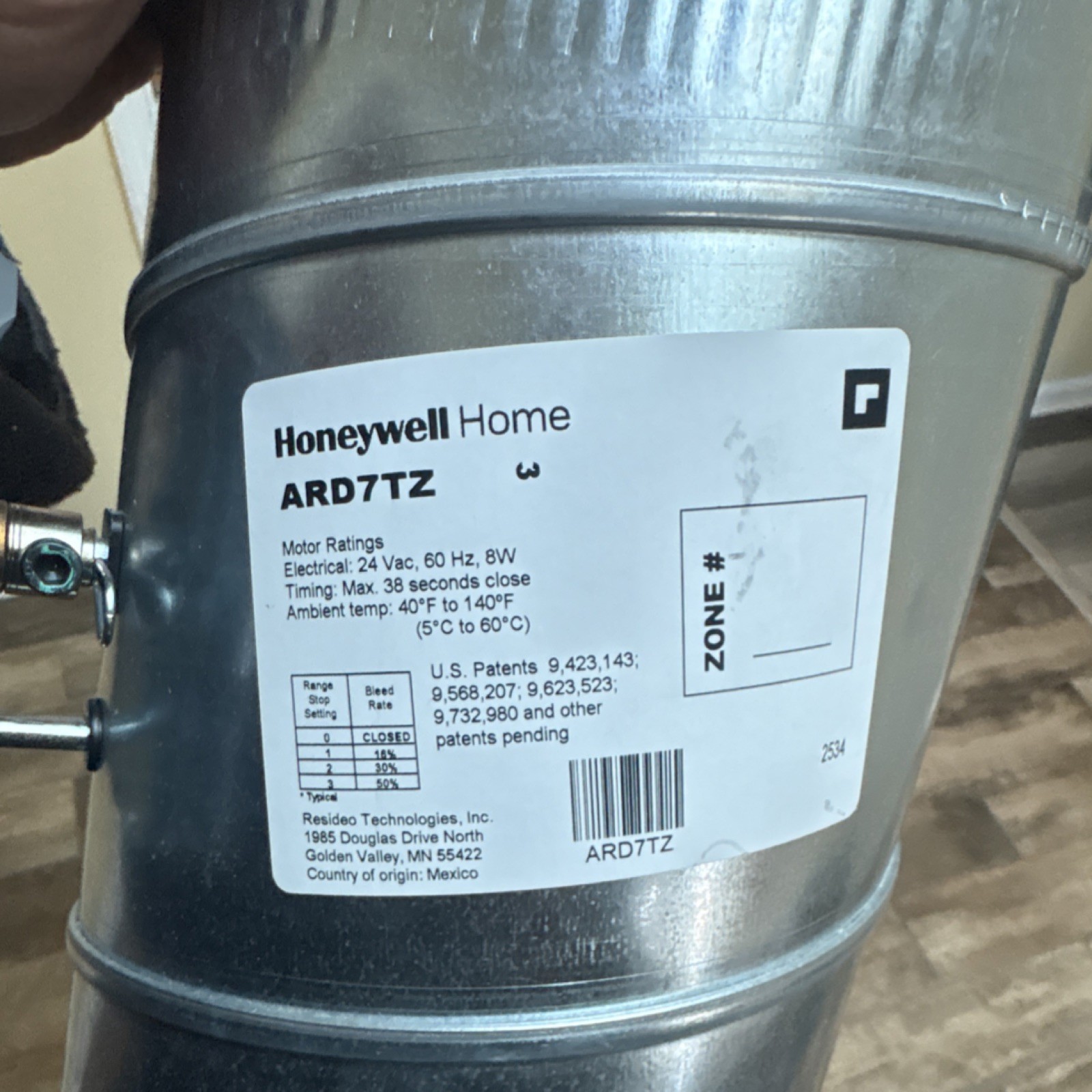 Honeywell Home ARD7TZ Motorized Damper 24V Galvanized Steel HVAC Actuator