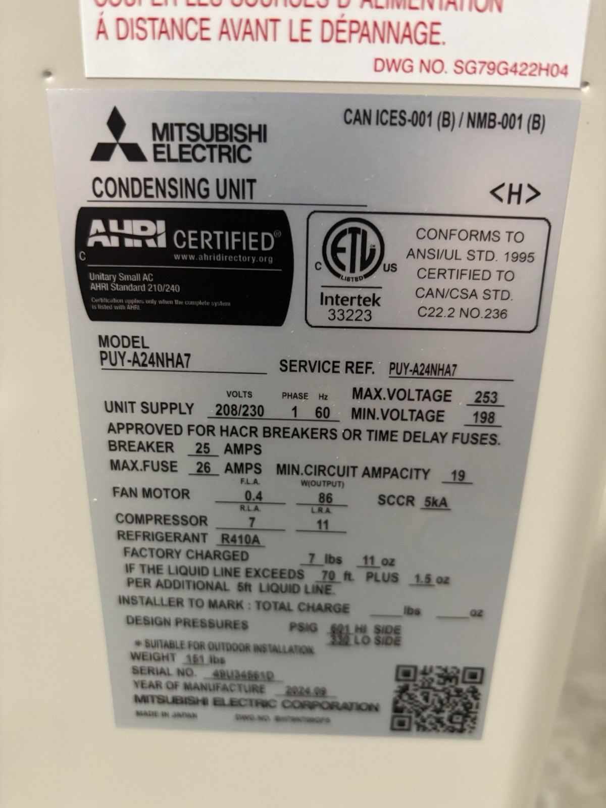 Mitsubishi Electric Power Board PUY-A24NHA7 V058B10D040914 208/230V 25A 1Ph 2024