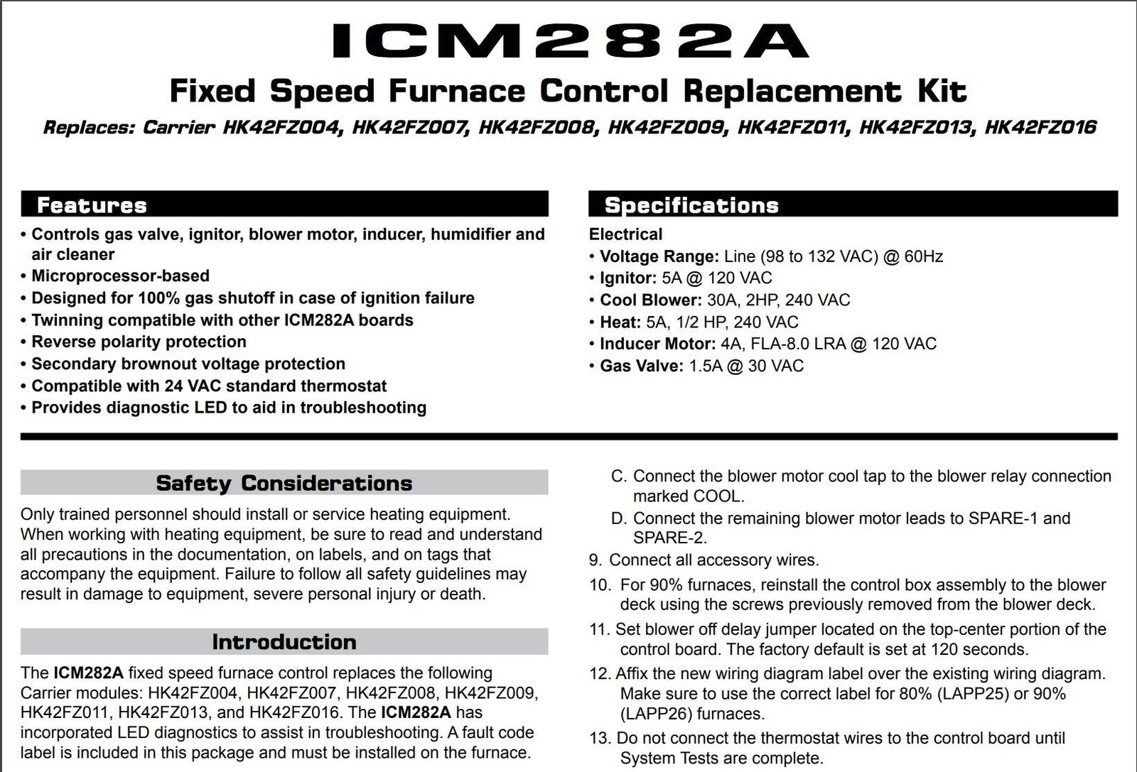 ICM Controls ICM282A OEM Replacement, Carrier HK42FZ004, HK42FZ007, HK42FZ008