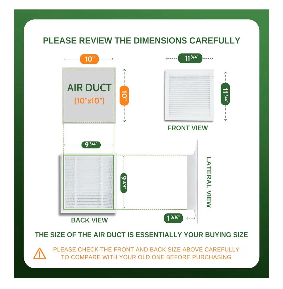 GREEN VENT Modern Air Return Grille 10×10 (Duct Opening), A10