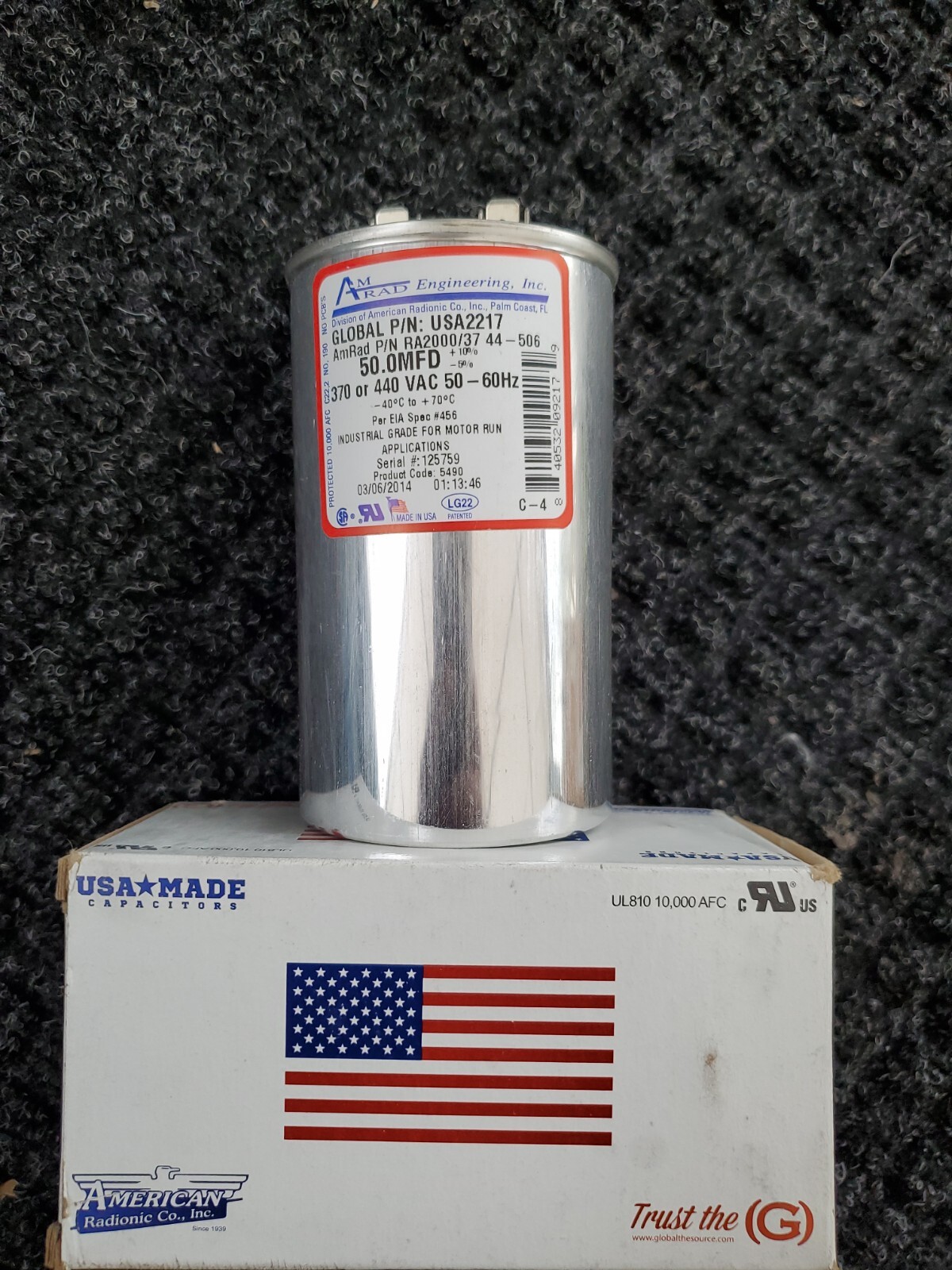 AmRad USA2217 Round Run Capacitor 50 uF MFD 370 / 440 Volt Made in USA