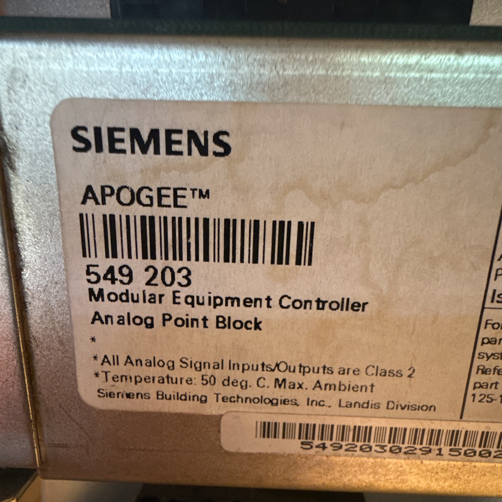 Siemens APOGEE 549 203 Analog Point Block Modular Equipment Controller +24 Vdc