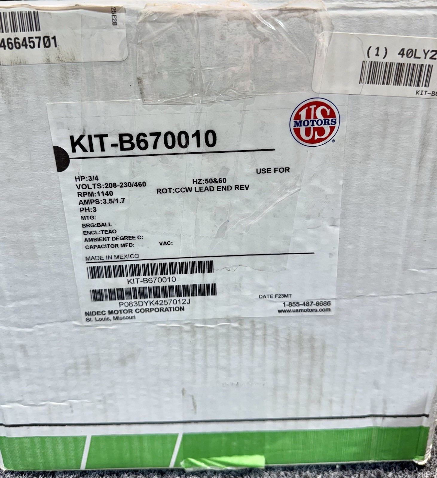 Liebert KIT-B670010 Motor 208-230/460V AC, 3/4 hp, 3 Phase