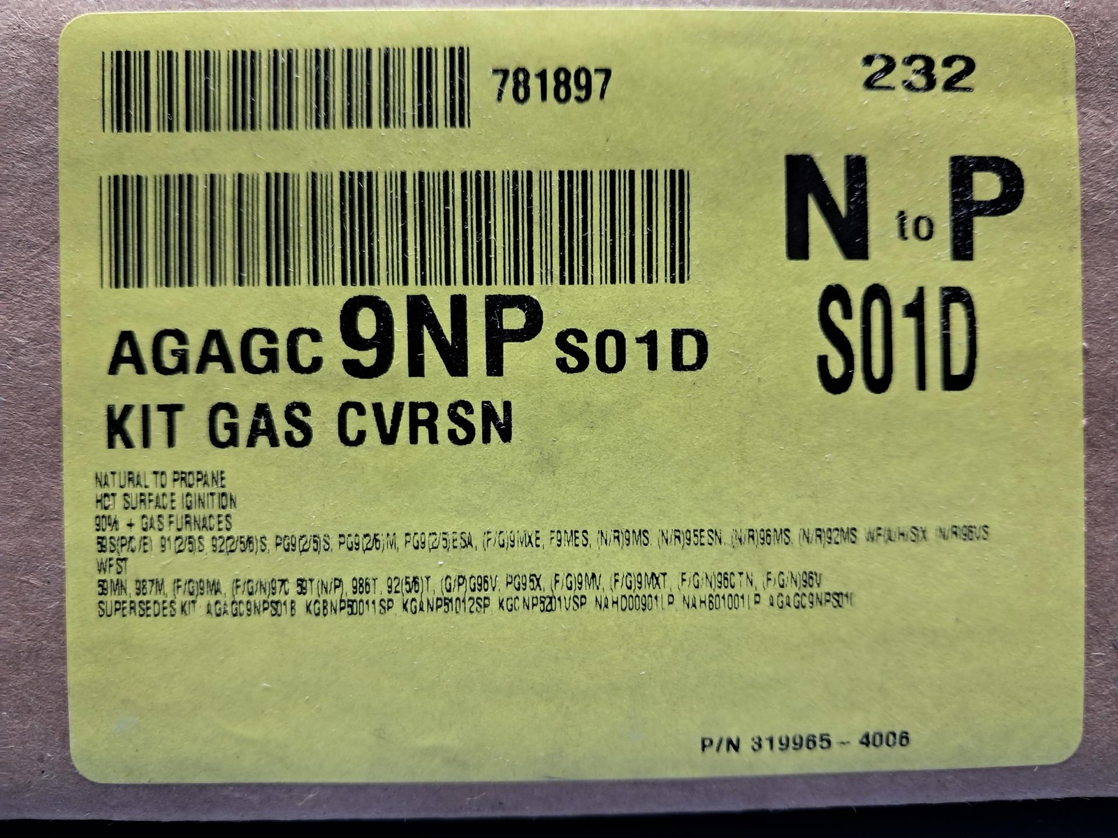 Carrier Bryant AGAGC9NPS01D HVAC Gas Conversion Kit 40,000-140,000 BTU Furnace