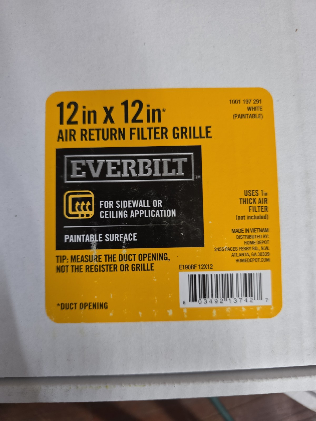 12 in. x 12 in. Return Air Filter Grille, White Everbilt E190RF 12×12