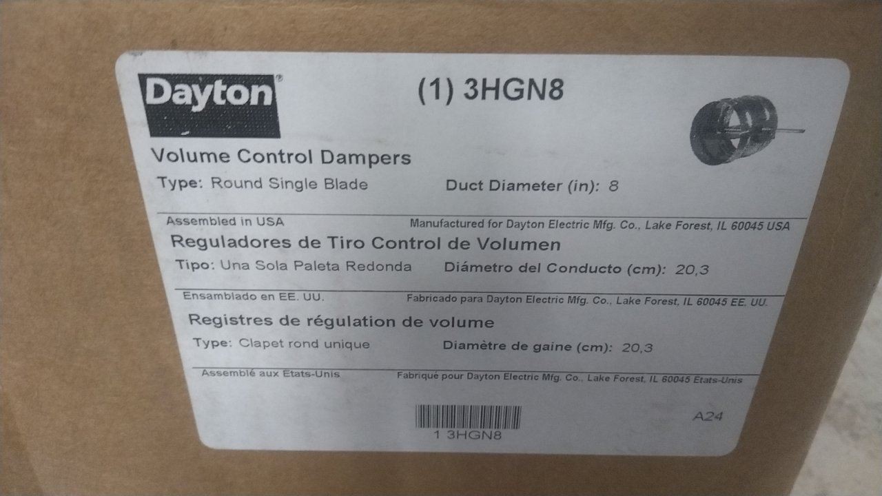 Dayton 3HGN8 8 In Duct Diameter 14 In Overall L Manual Control Damper