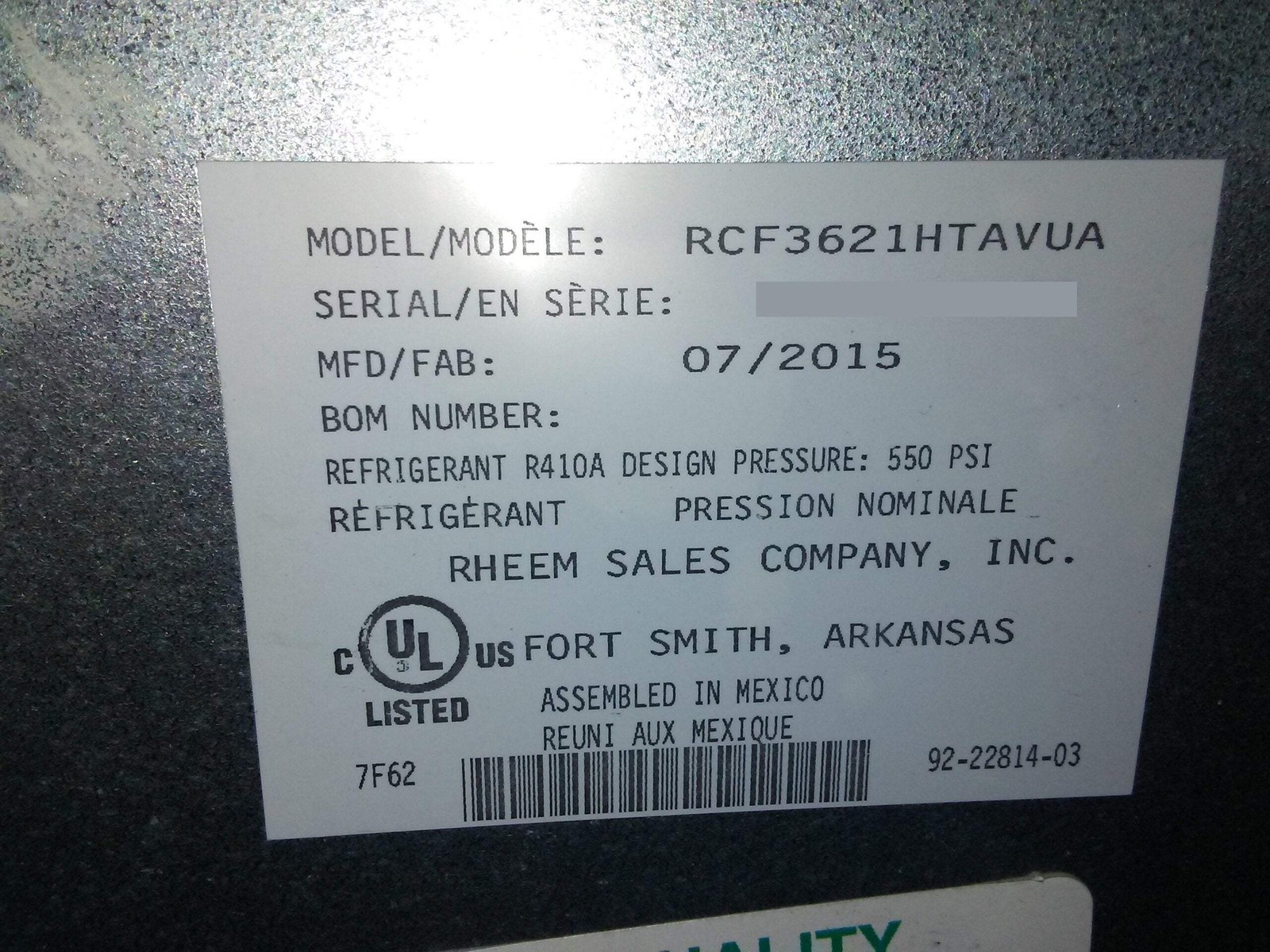 RHEEM RCF3621HTAVUA 3 TON UPFLOW HIGH EFFICIENCY UNCASED “A” COIL R410A 182497