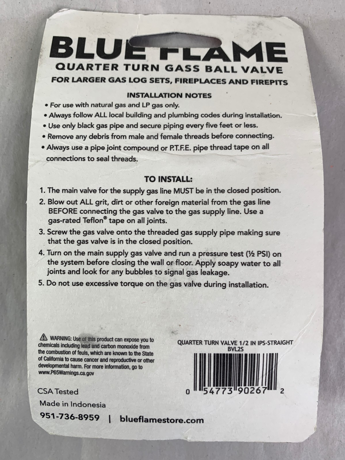 Blue Flame 1/2″ NPT Brass Quarter-Turn Ball Valve Gas Log Sets Fireplace Firepit