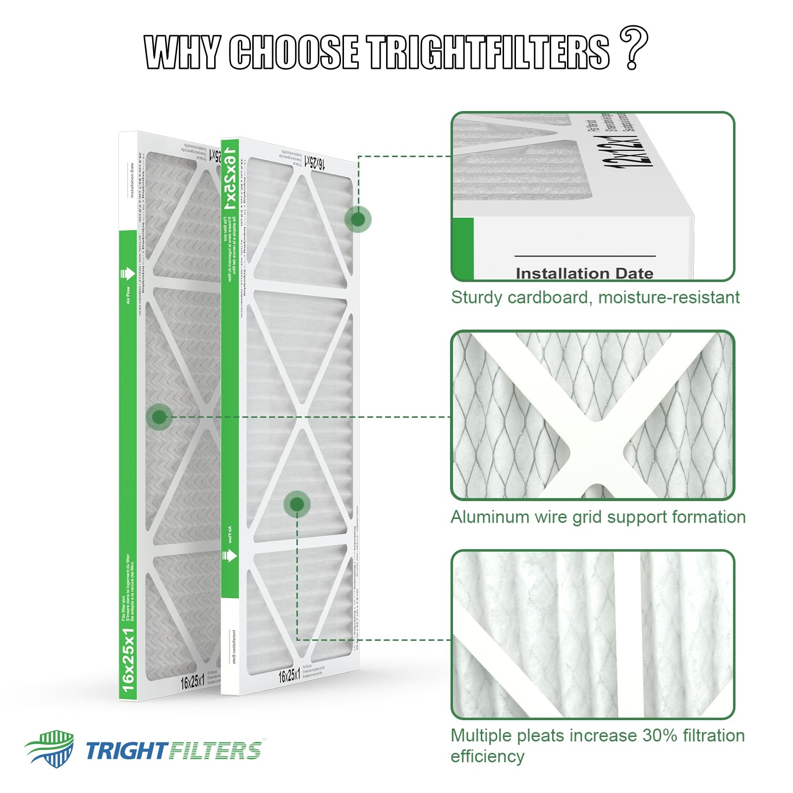 TRIGHTFILTERS 16x25x1 Air Filter 4 Pack, MERV 8 Pleated Dust Defense