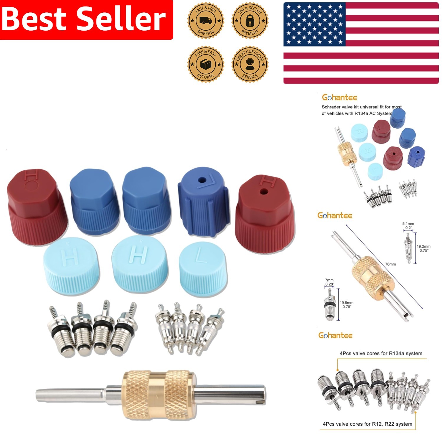 Universal Auto AC Valve Core Kit R134a R12 Refrigerant Remover Tool 17Pc
