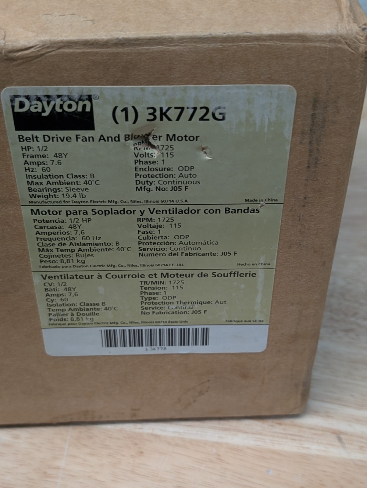 Dayton 3K772G Belt Drive 1/2 Hp Fan and Blower Motor