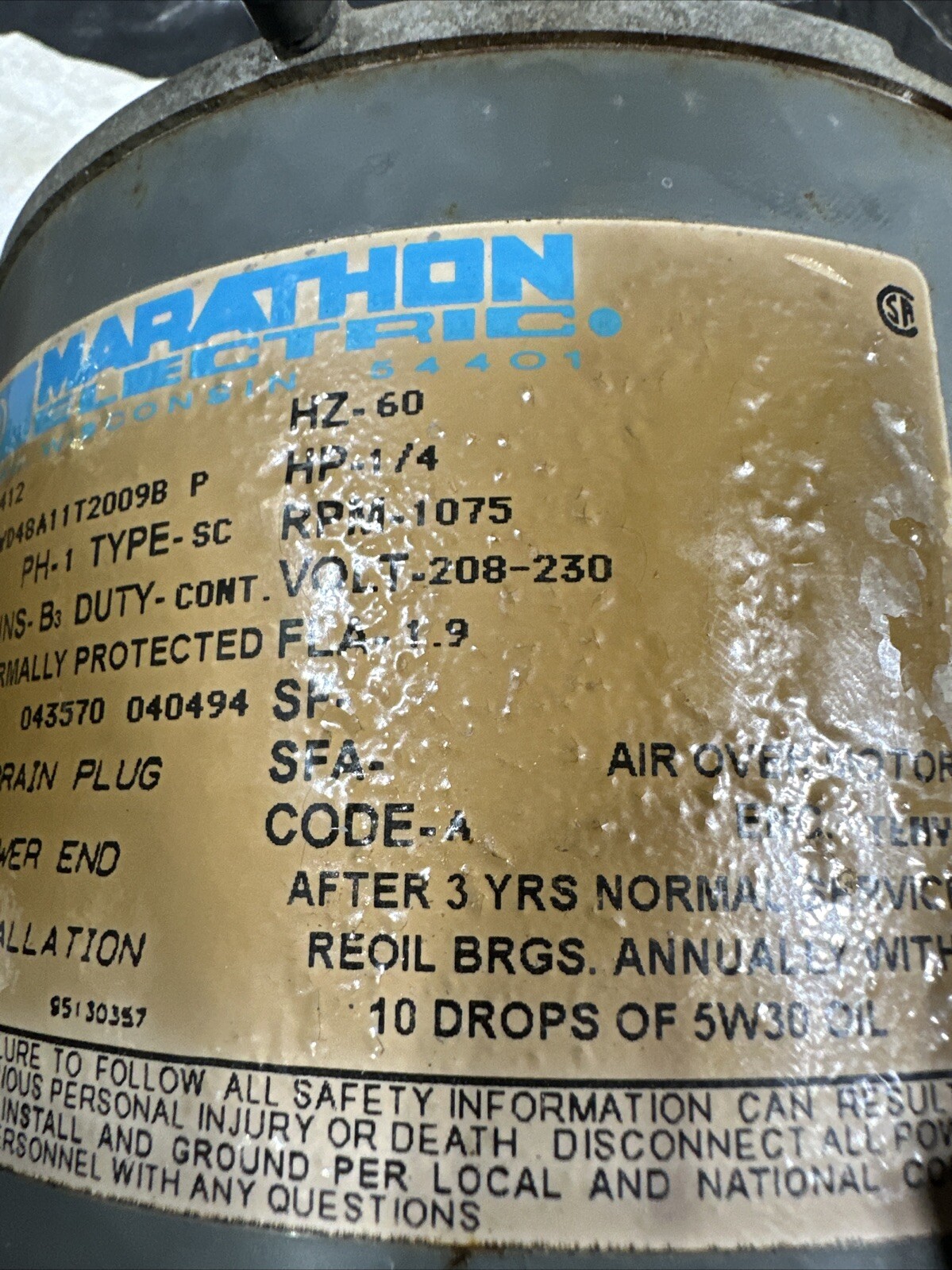 Mod. 1WD48A11T2009B P Condenser Fan Motor 1/4-HP 1075-RPM