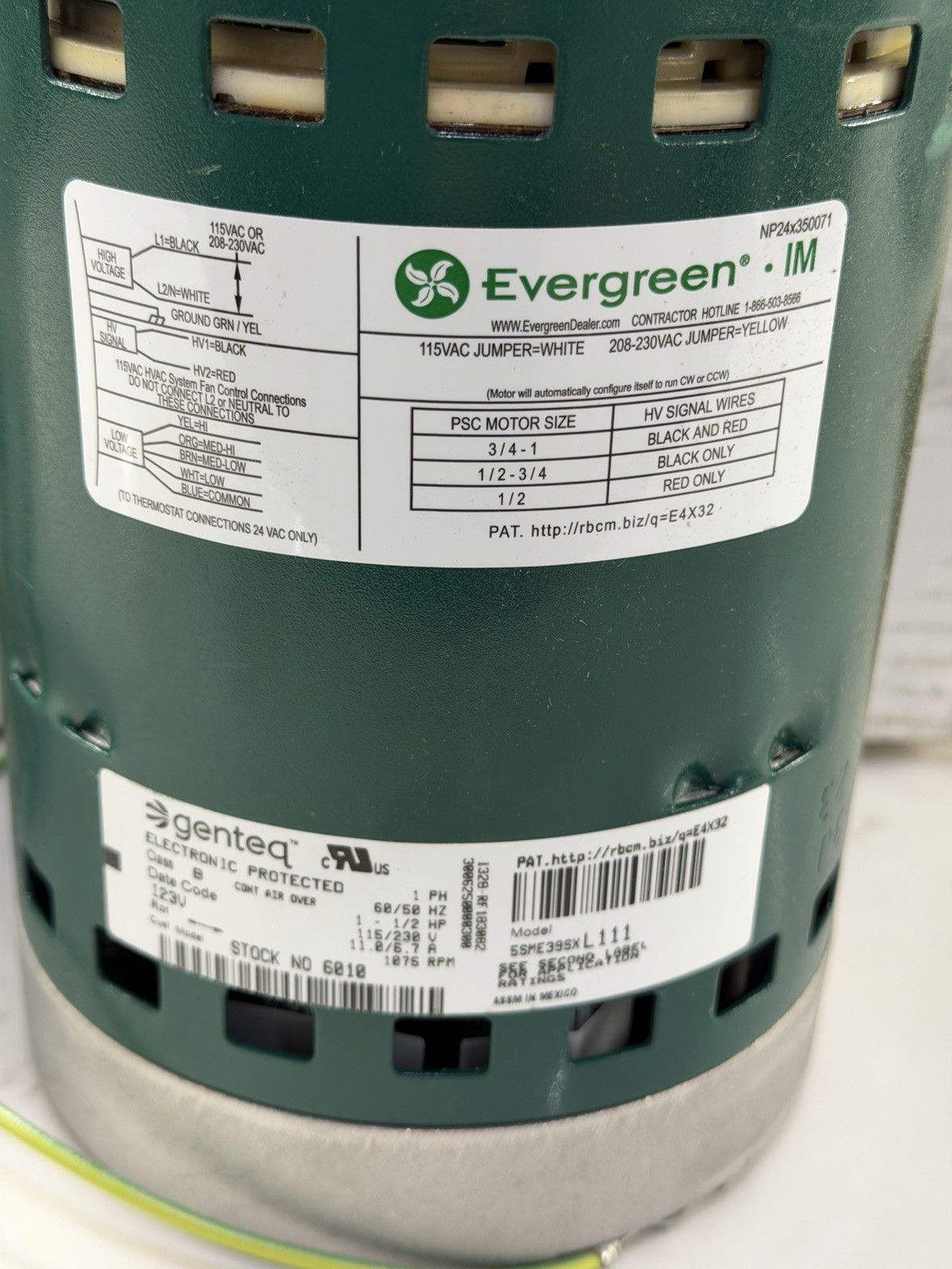 GENTEQ EVERGREEN 6010 Replacement Blower Motor 1 1/2 HP, 115/230V NEW