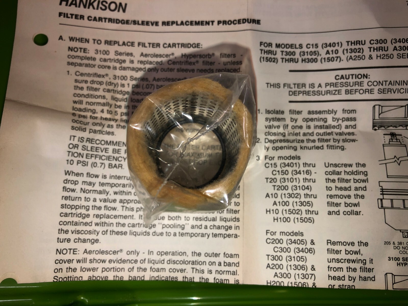 Hankinson 0734-1 Filter Cartridge Sleeve Replacement For K-80005,8010 Air Dyer