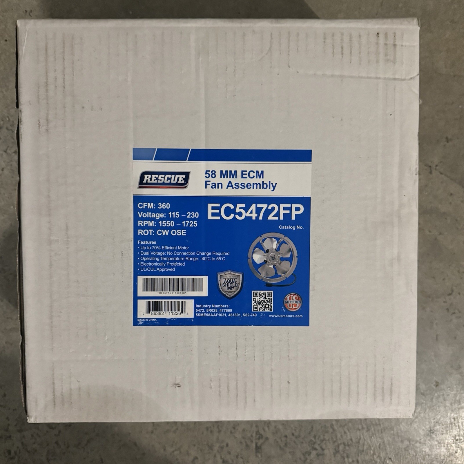 Rescue EC5472FP 58mm ECM Fan Assembly, 360 CFM, 115-230V