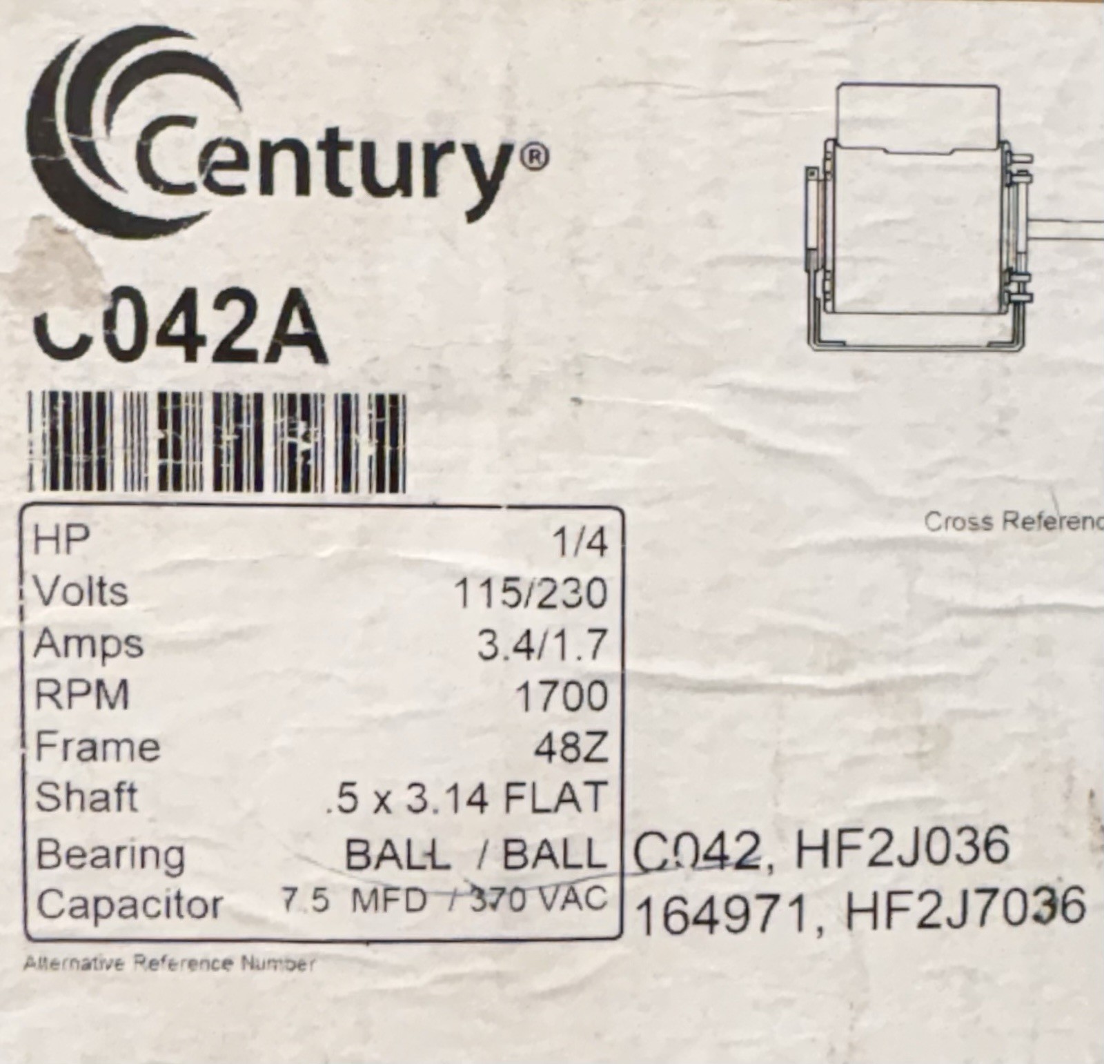 CENTURY C042A Electric Motor 1/4HP 115/230V 1700RPM Frame 48Z with Free Shipping