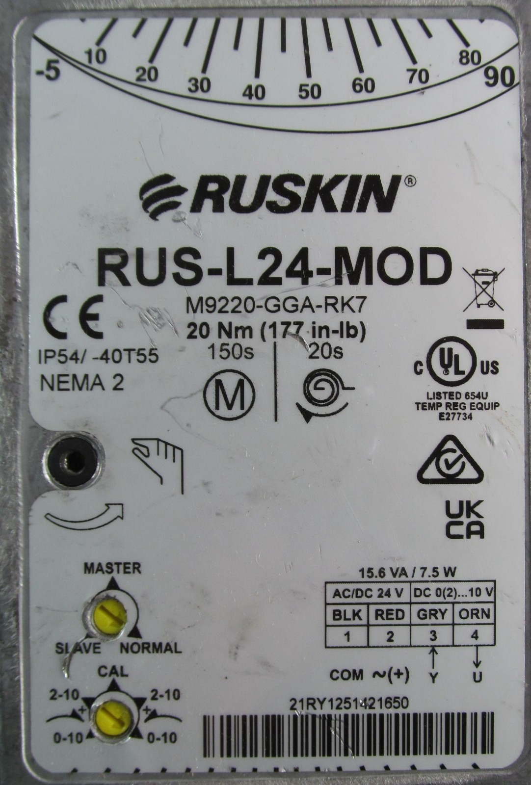 RUSKIN RUS-L24-MOD SPRING RETURN HVAC DAMPER ACTUATOR 175 LB-IN TORQUE AT 24V