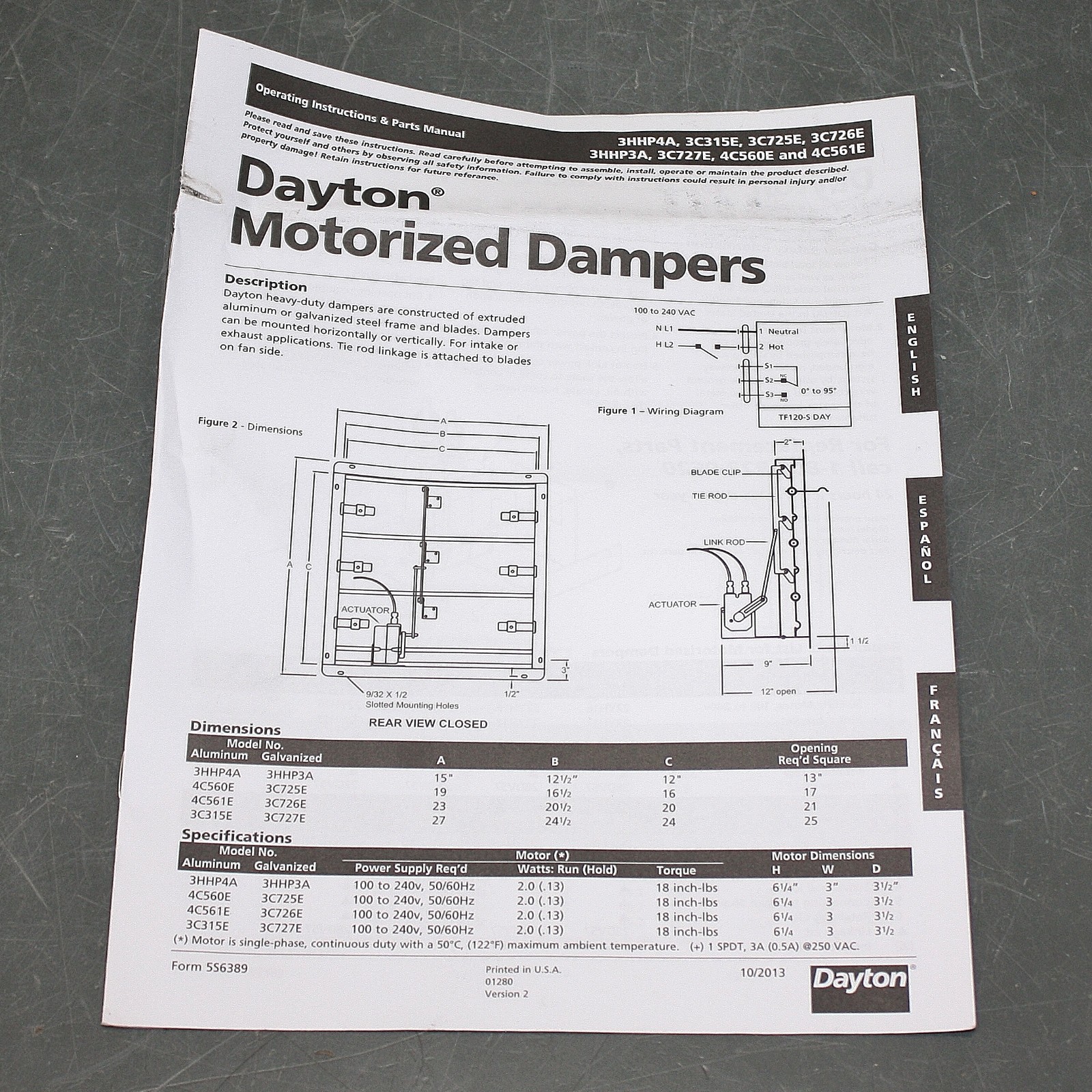 Dayton Motorized Control Damper 3HHP3, 12″ Square, 100-240V AC, Belimo Actuator