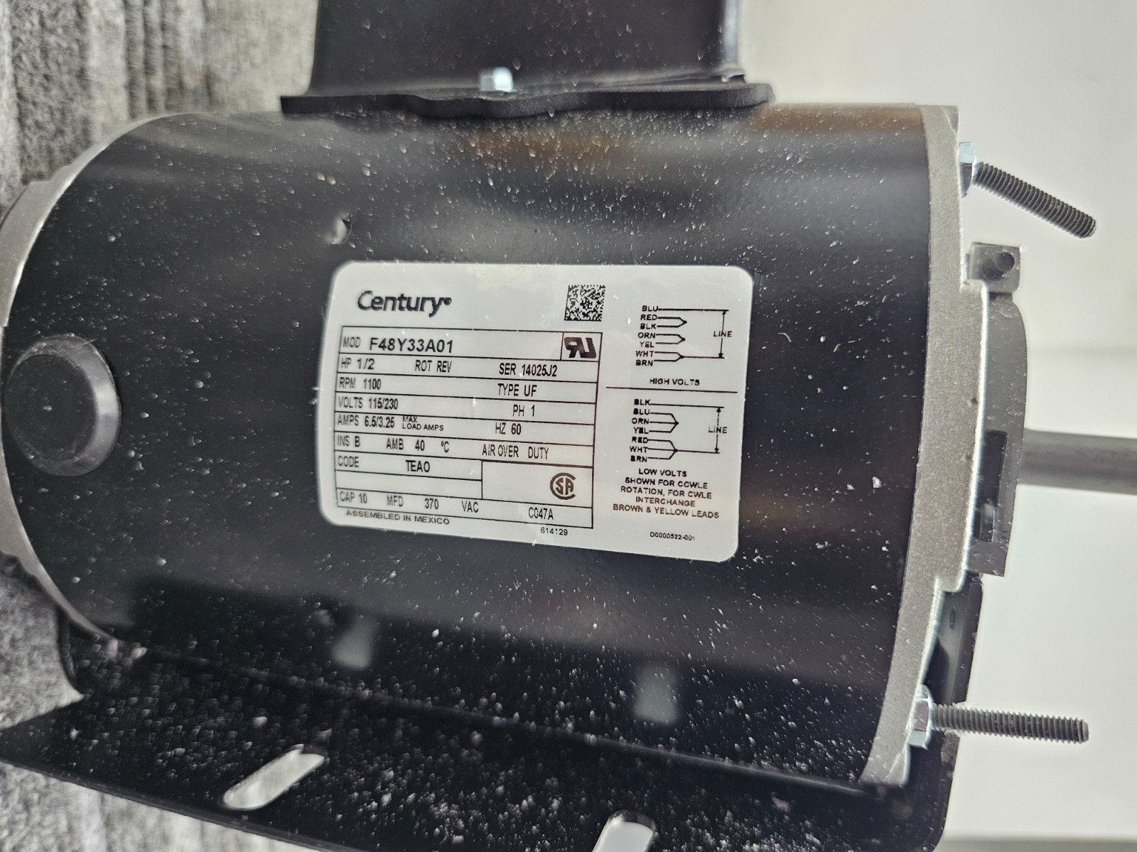 Century C047A Direct Drive Fan Motor, 1/2 HP, 1 Ph, 60 Hz, 115/230 V, 48Z Frame