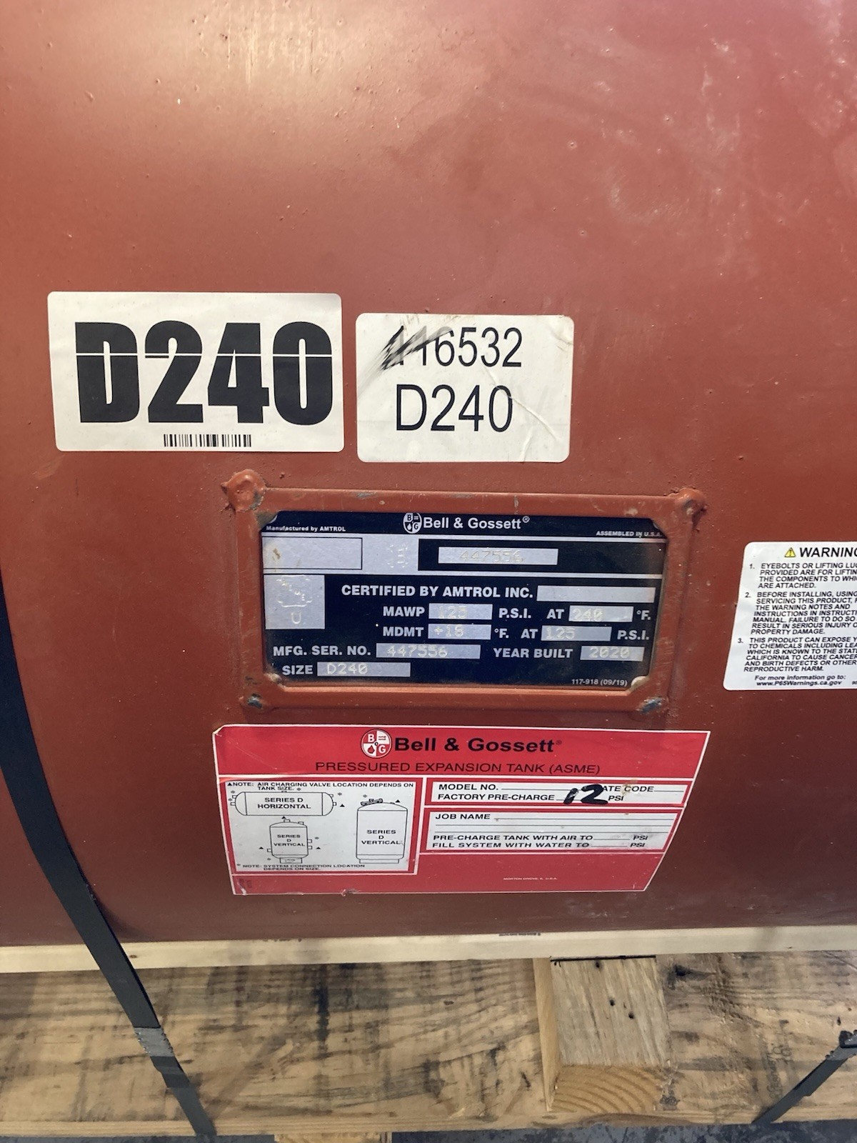 Bell & Gossett D240 Thermal Expansion Tank, 125# ASME Certified