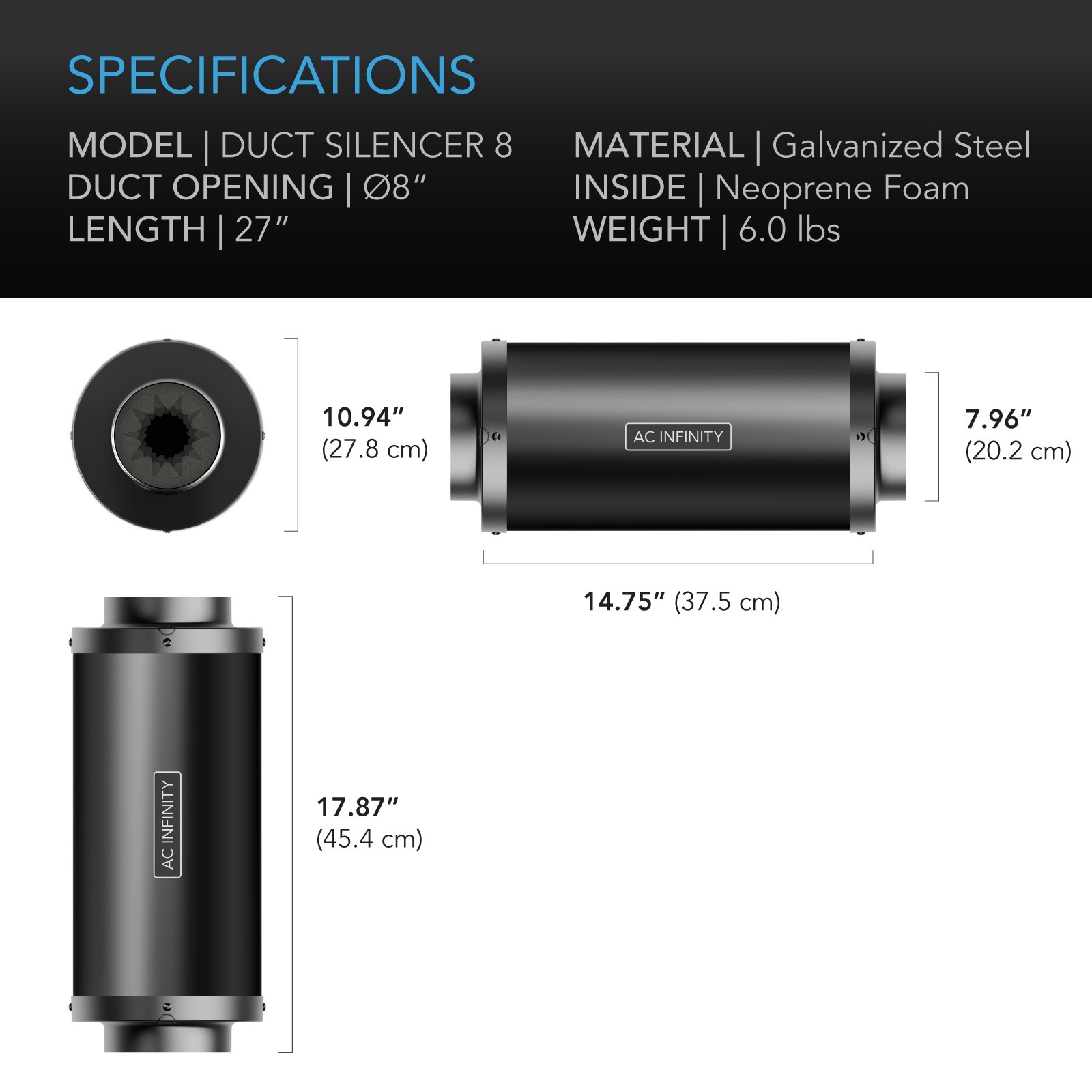 Duct Fan Silencer, 8” Noise Reduction Muffler for Hydroponics Grow Tent Systems