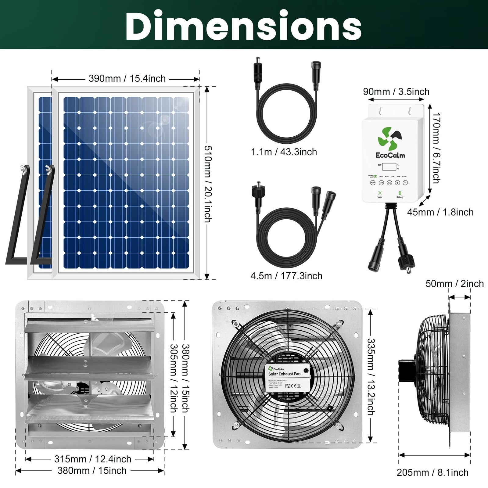 ecoCalm 12″ Solar Exhaust Fan for Greenhouse with Battery and Silver