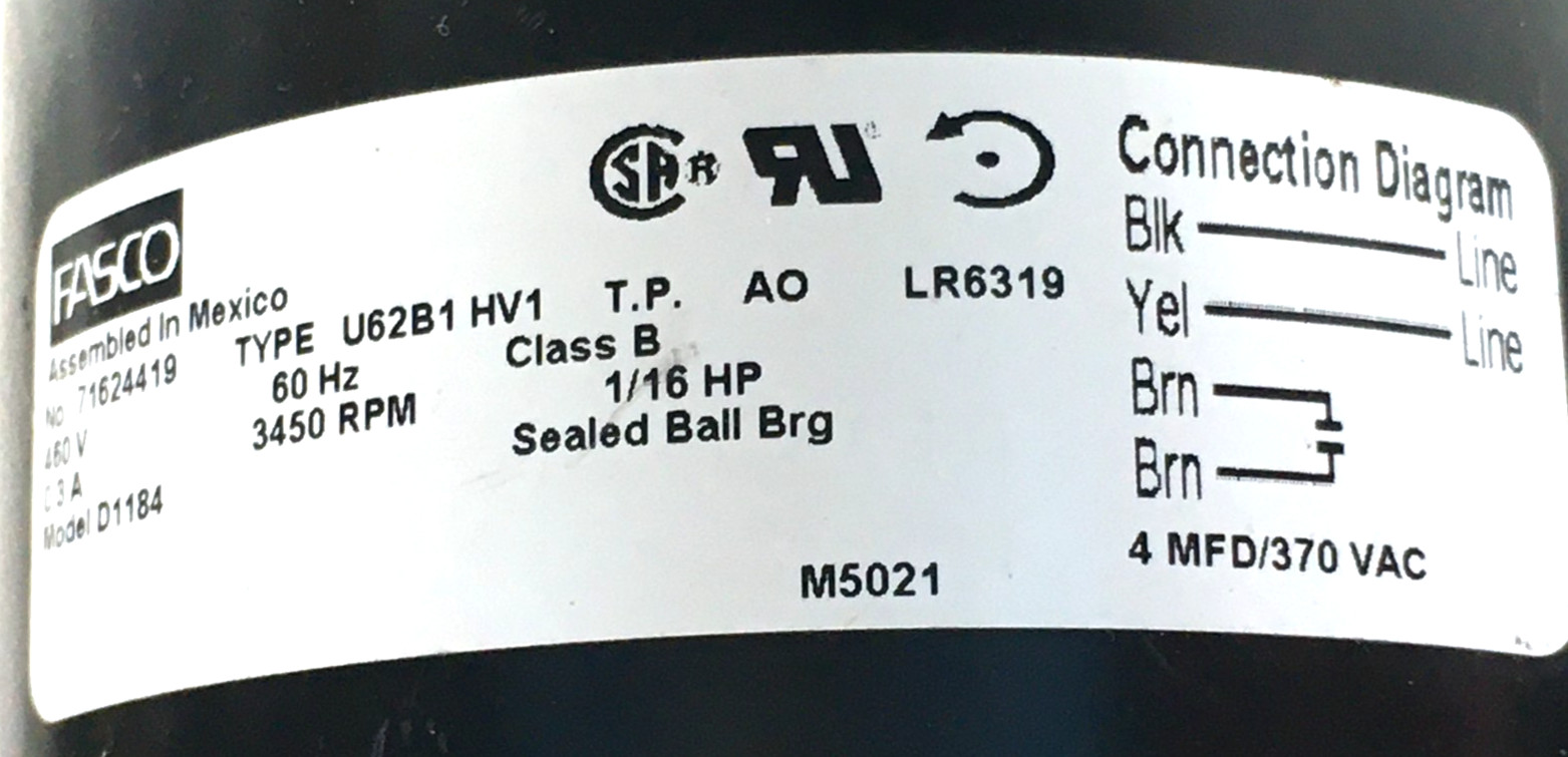 FASCO 71624419 Furnace Inducer Blower Motor D1184 460V 3450RPM 1/16HP used #MG55