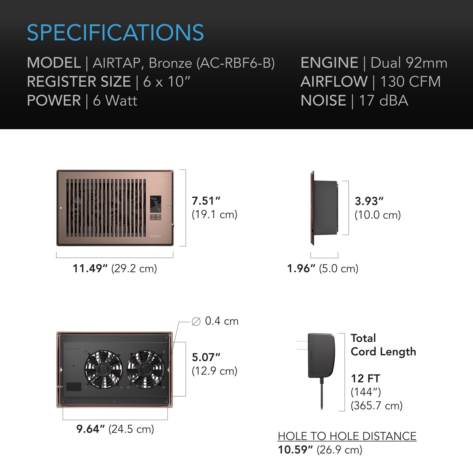 AIRTAP T6, Quiet Register Booster Fan, Heating / Cooling 6 x 10” Registers Brown