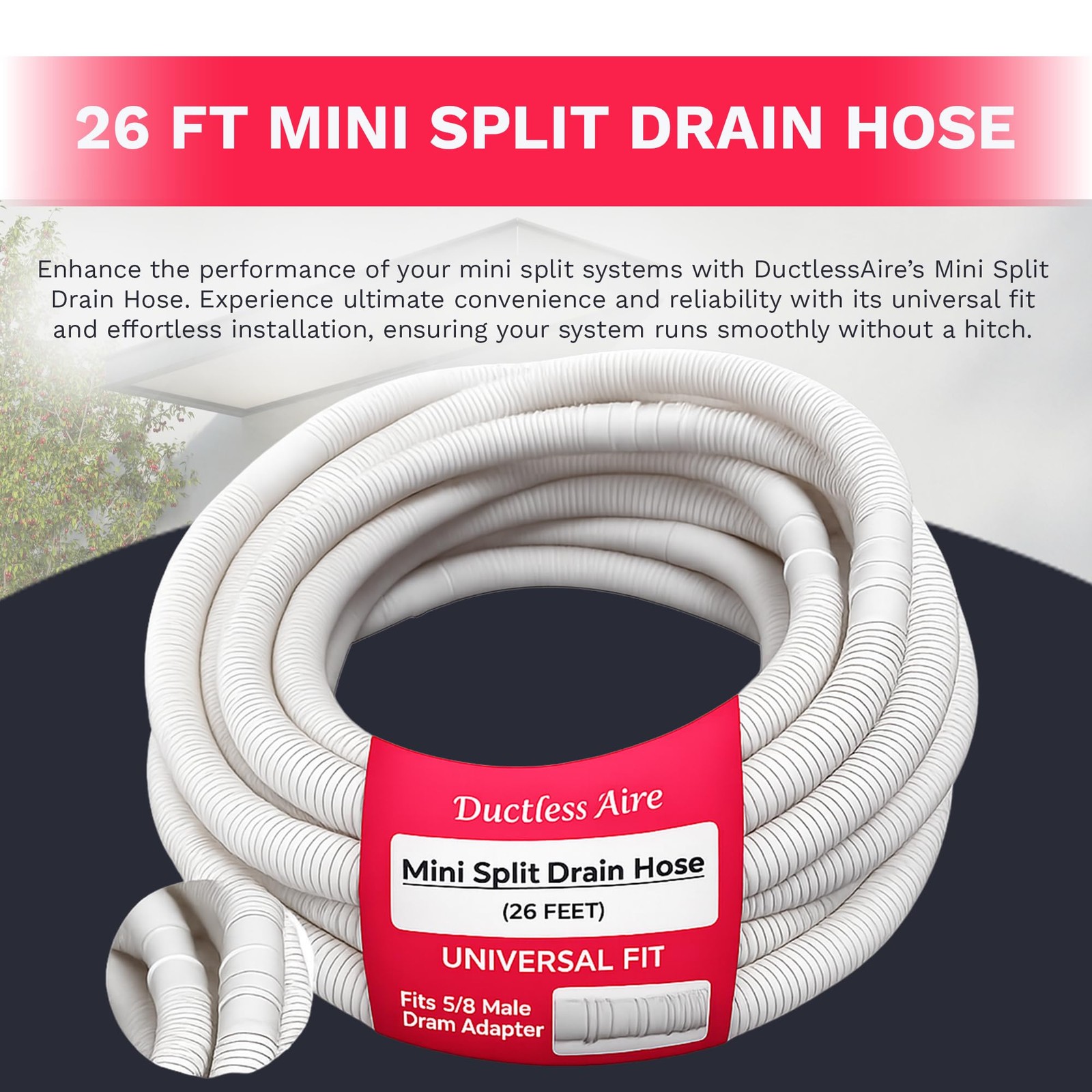 DuctlessAire Mini Split Drain Hose – Portable Air Conditioner 26 ft, Beige