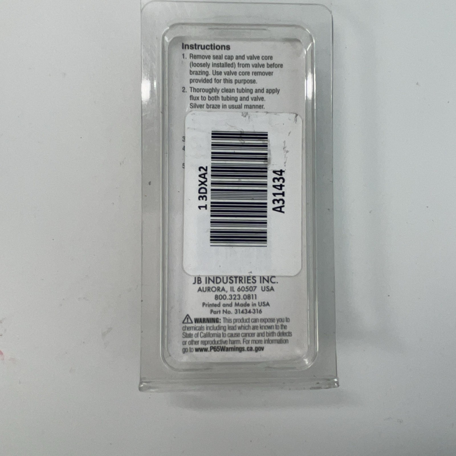 JB Industries A31434 Refrigeration Access Valve 1/4 In Bulkhead Mounting USA New