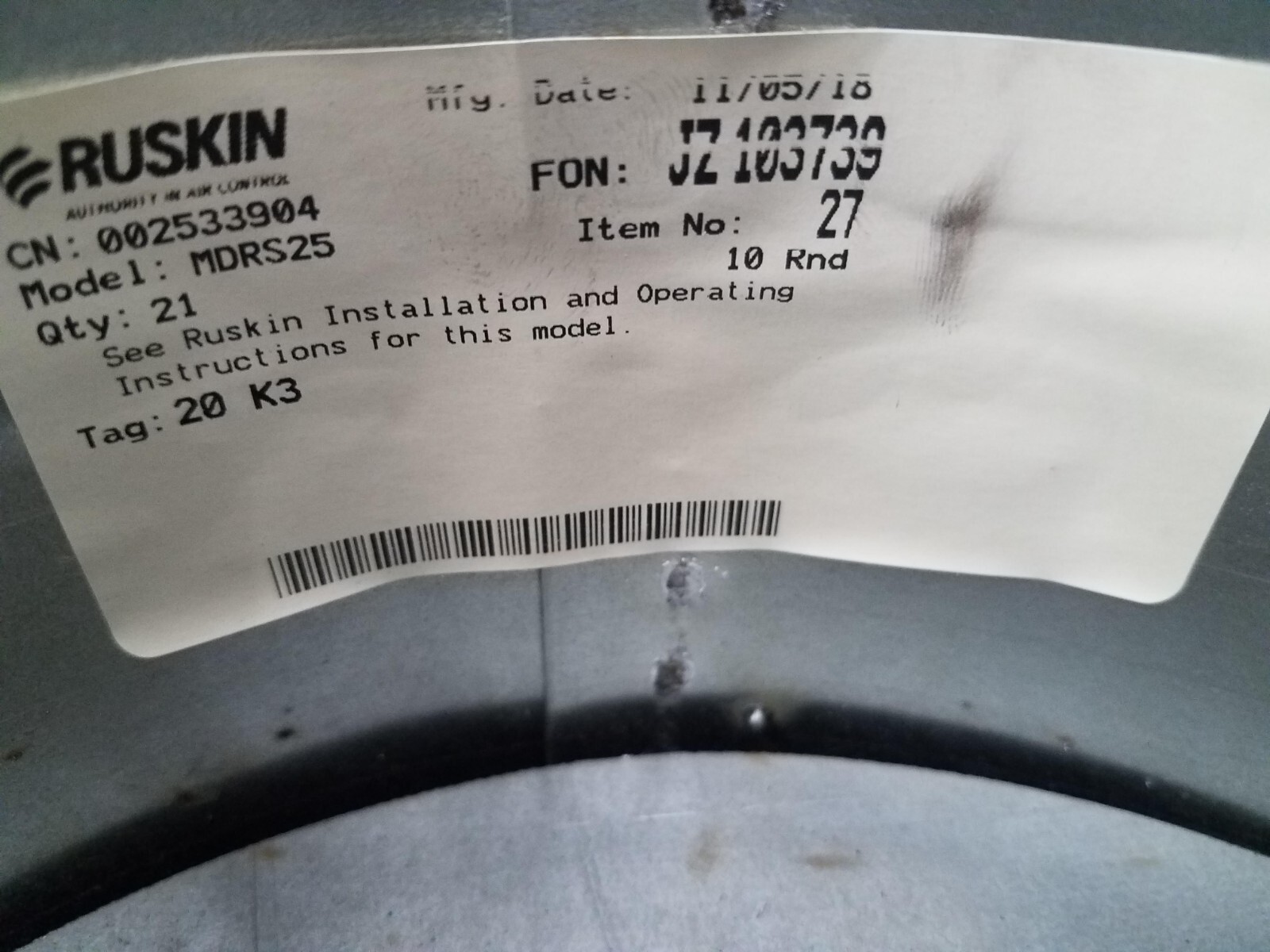 RUSKIN MDRS25 ROUND MANUAL BALANCING DAMPER