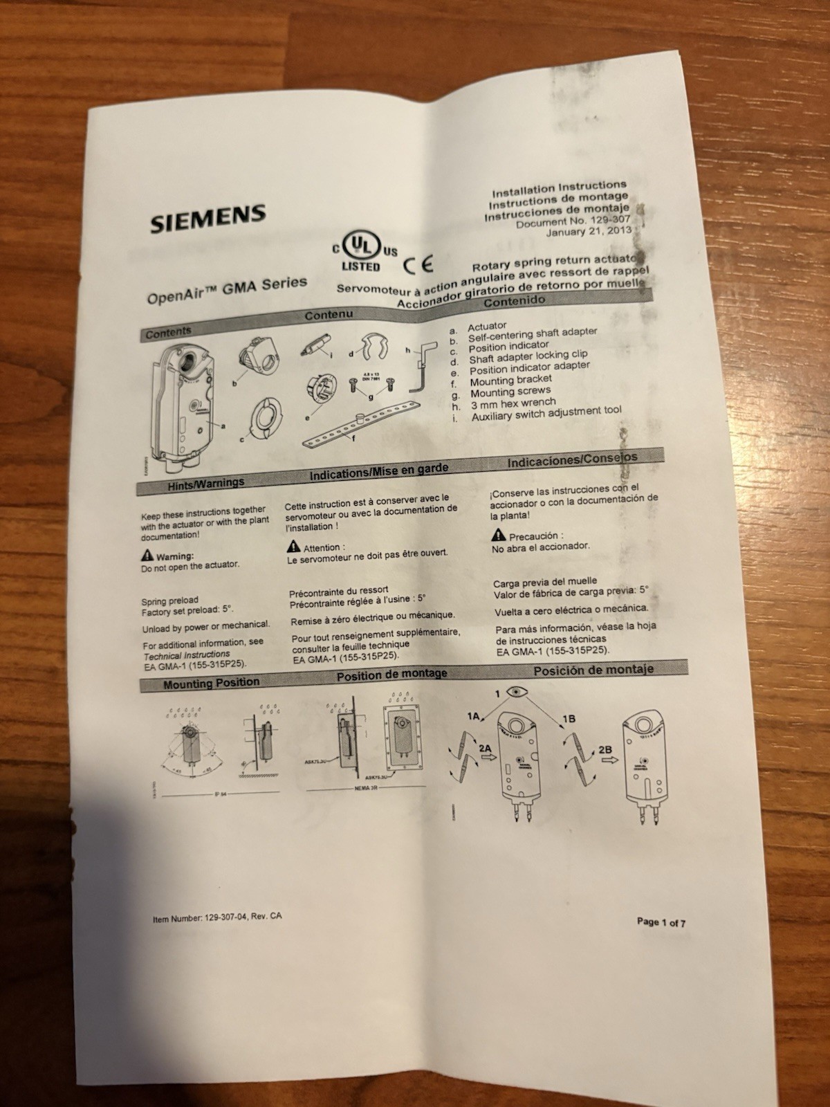 Siemens OpenAir GMA151.1P Rotary Spring Return Damper Actuator 24V w/ Hardware