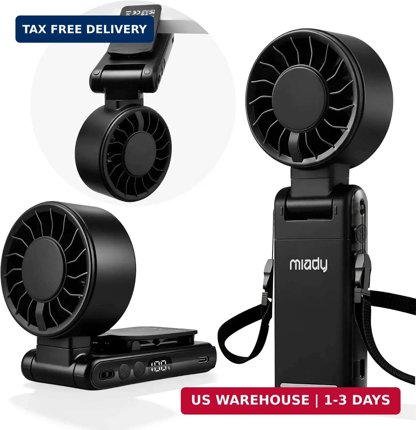 Miady Portable Handheld Turbo Fan 5 Speed Personal Fan with LED Display, 360° Ad