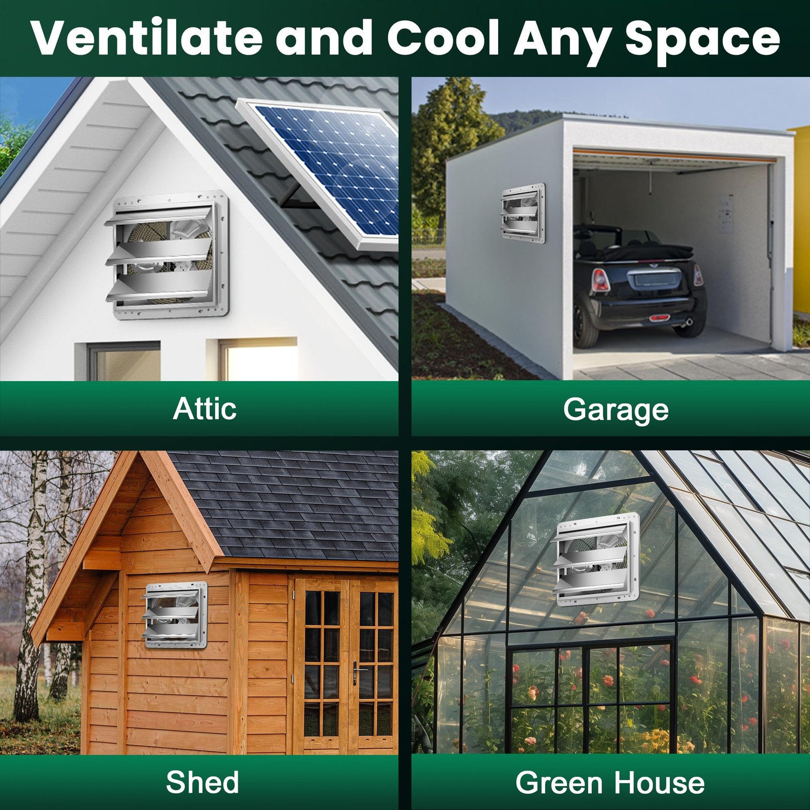 ecoCalm 12″ Solar Exhaust Fan for Greenhouse with Battery and Silver