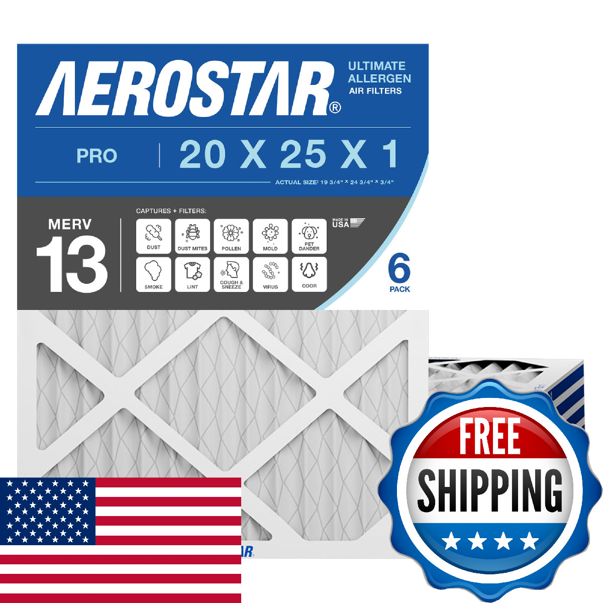Aerostar 20X25X1 Merv 13 Air Filter 6 Count Actual Size 19.75 X 24.75 X 0.75