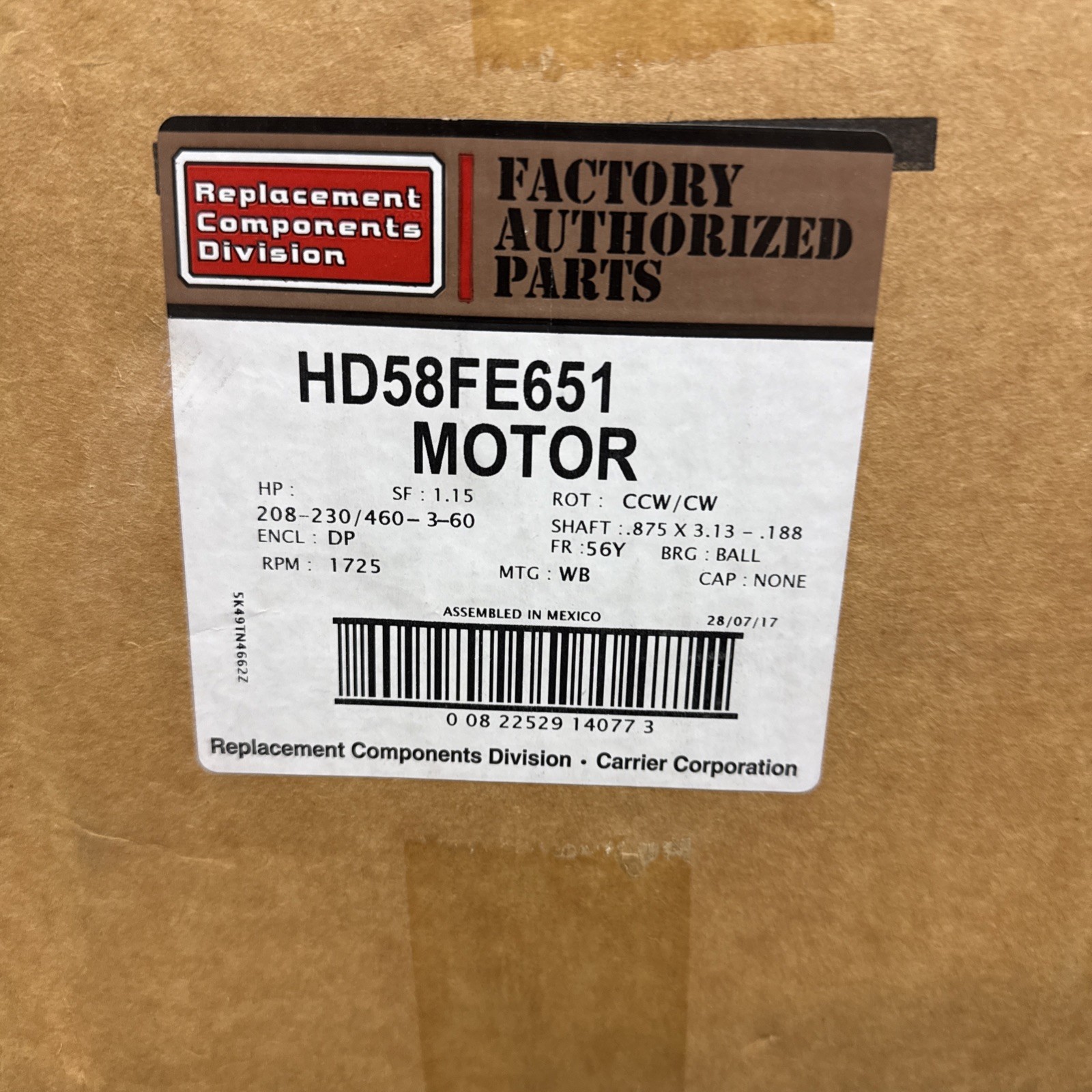 Carrier Marathon Motors HD58FE651 Blower Motor 1725 RPM 3-Phase 60Hz