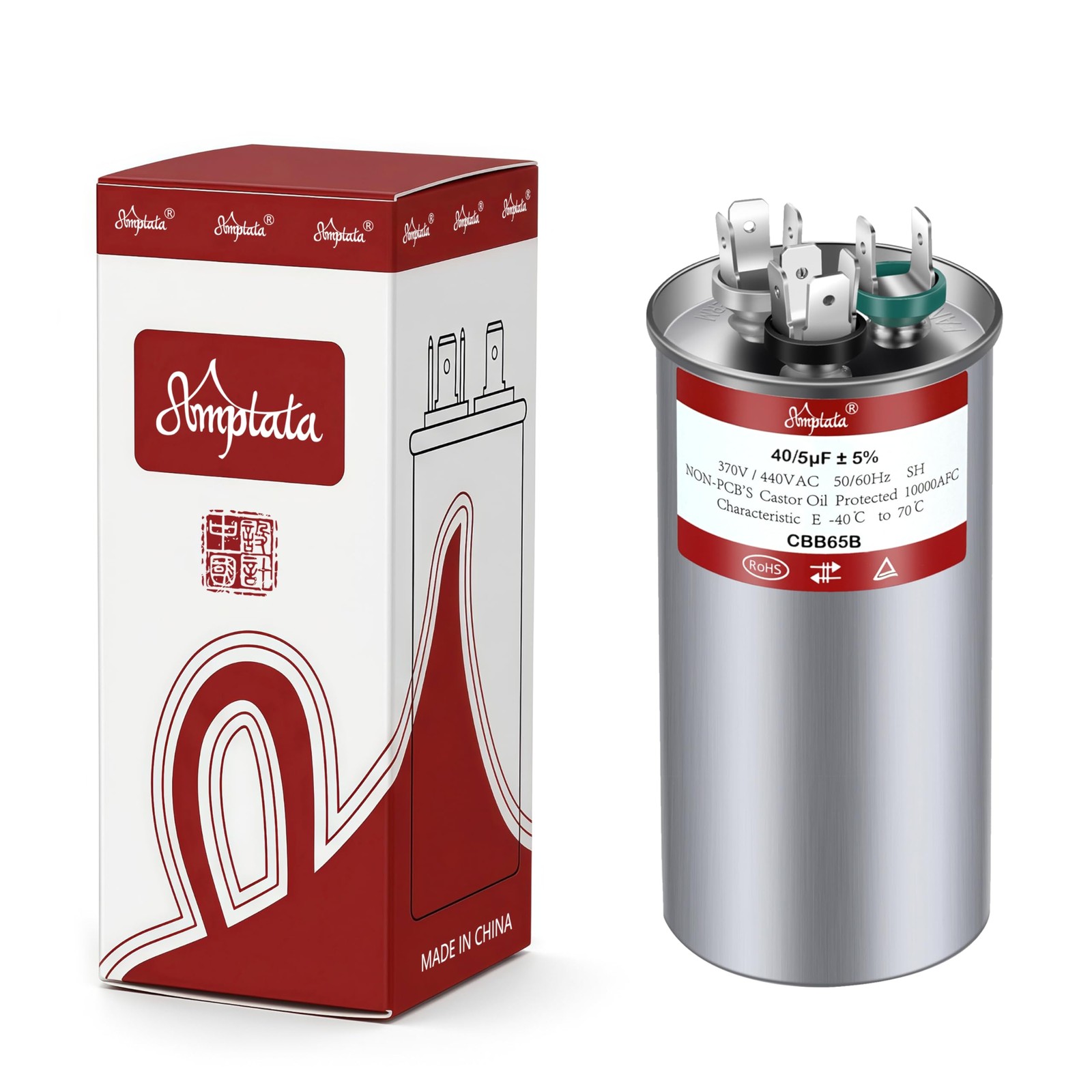 AMPTATA [UL Tested] AC Capacitor, 40/5 uf CBB65 HVAC Capacitor for Unit