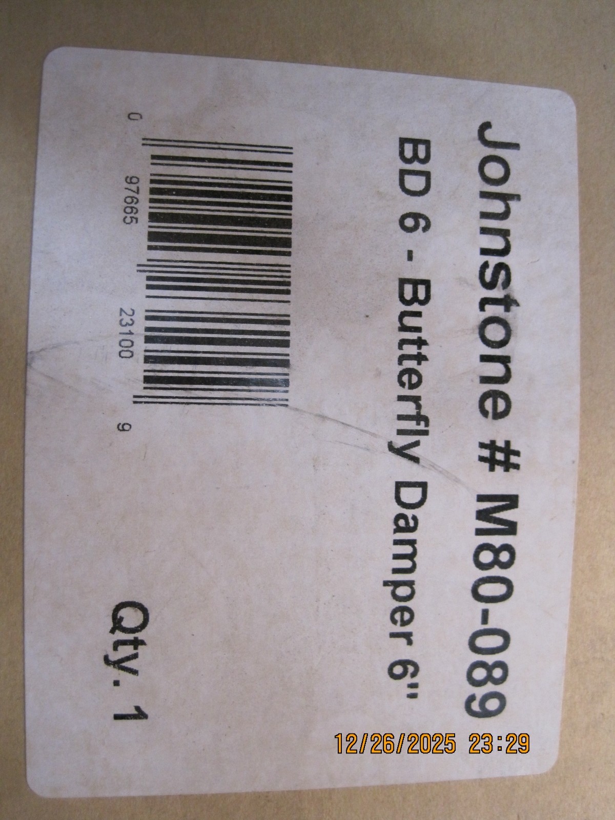 JOHNSTONE 6 INCH BUTTERFLY DAMPER VALVE M80-089 NEW