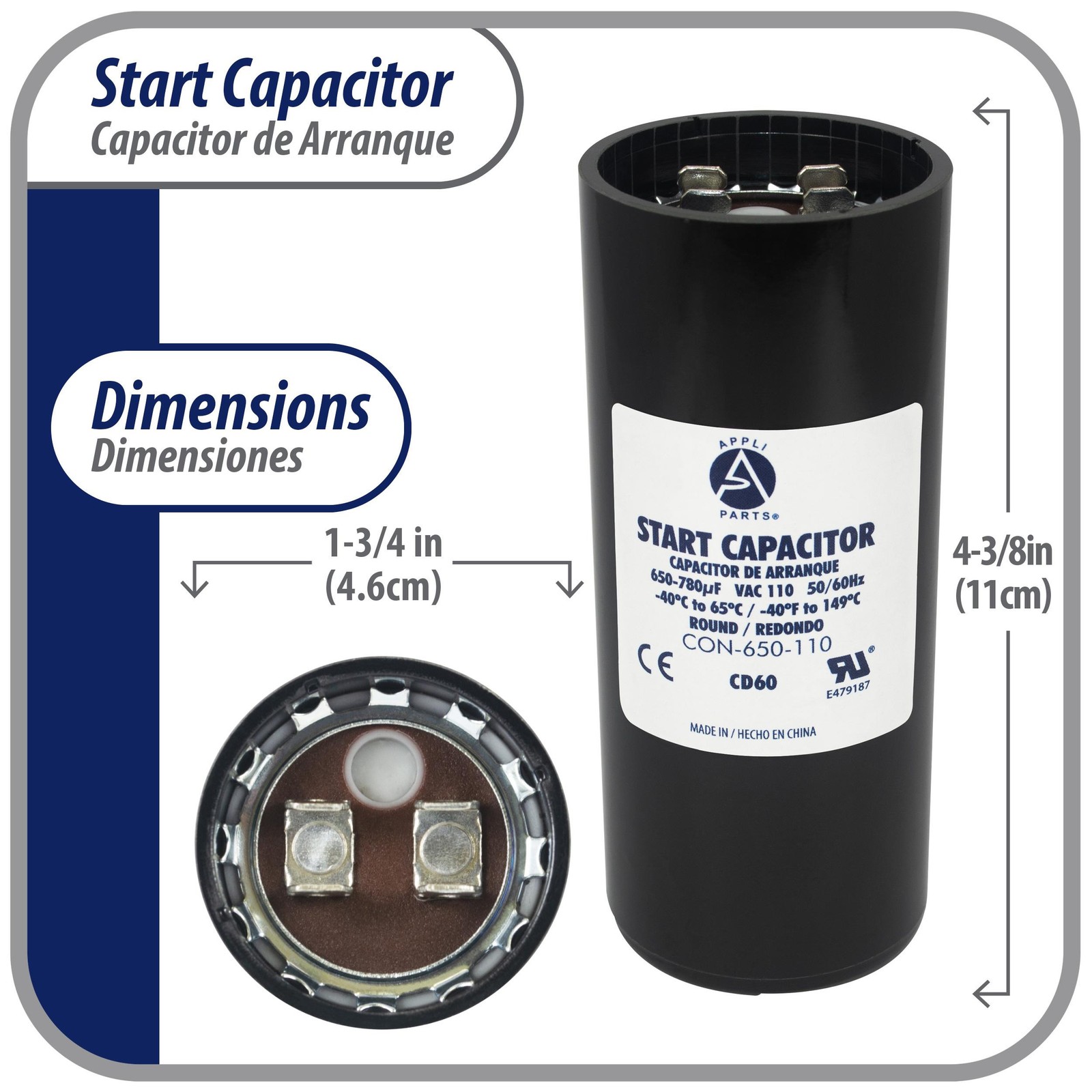 Appli Parts motor start capacitor 650-780 Mfd (microfarads) uF 110-125 VAC unive