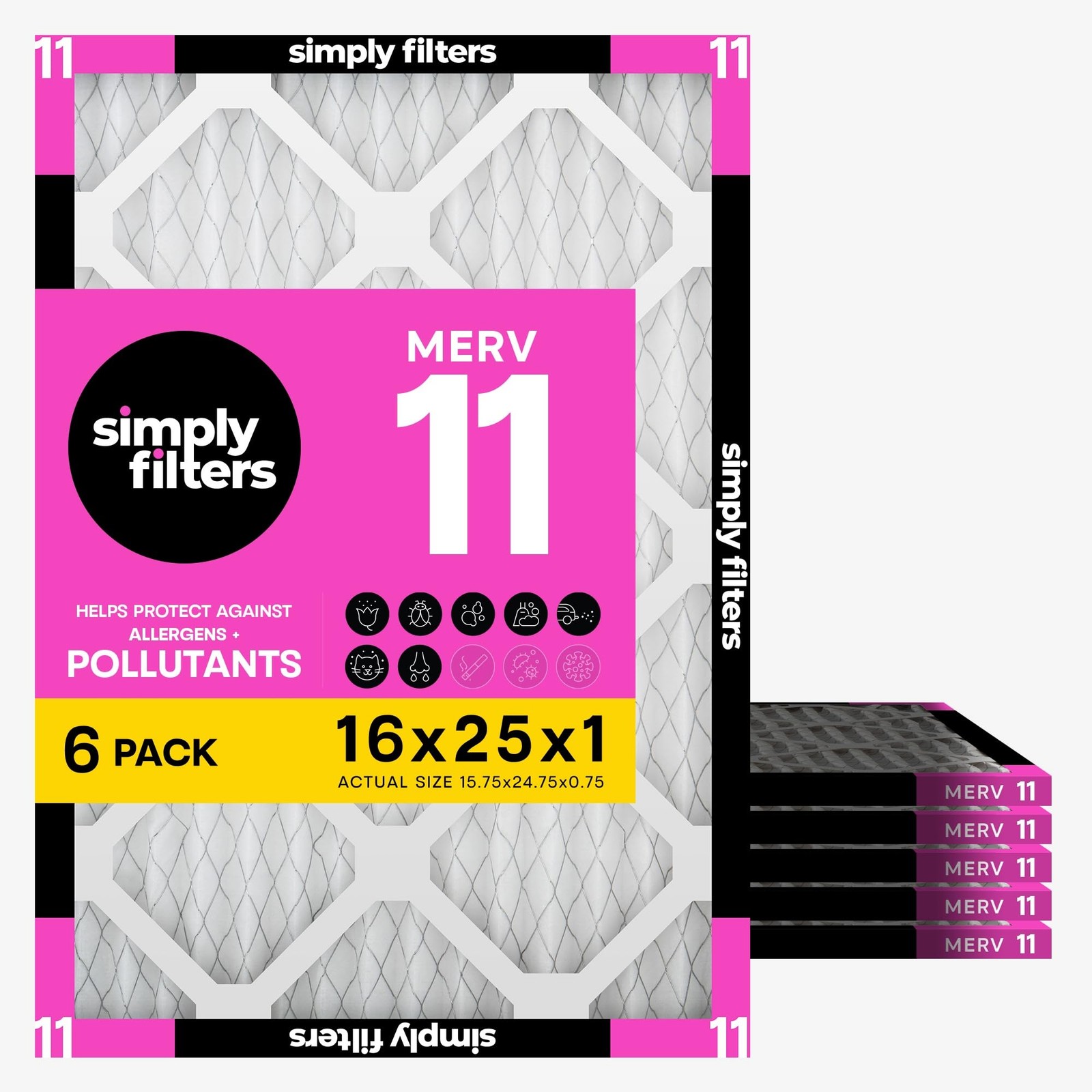 Simply 16x25x1 Air Filter, Merv 11, MPR 1000, 6 Pack, Furnace 16x25x1, White