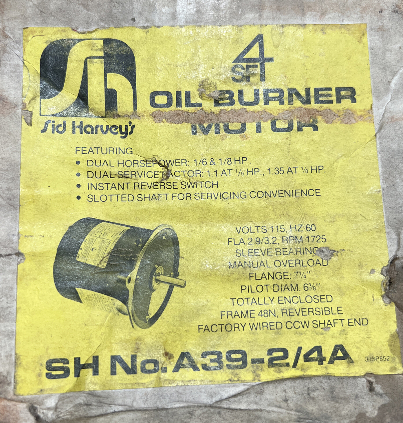 UNUSED Sid Harvey SF-4 DUAL HORSEPOWER Oil Burner MOTOR A39-2/4A (1/8 – 1/6 HP)
